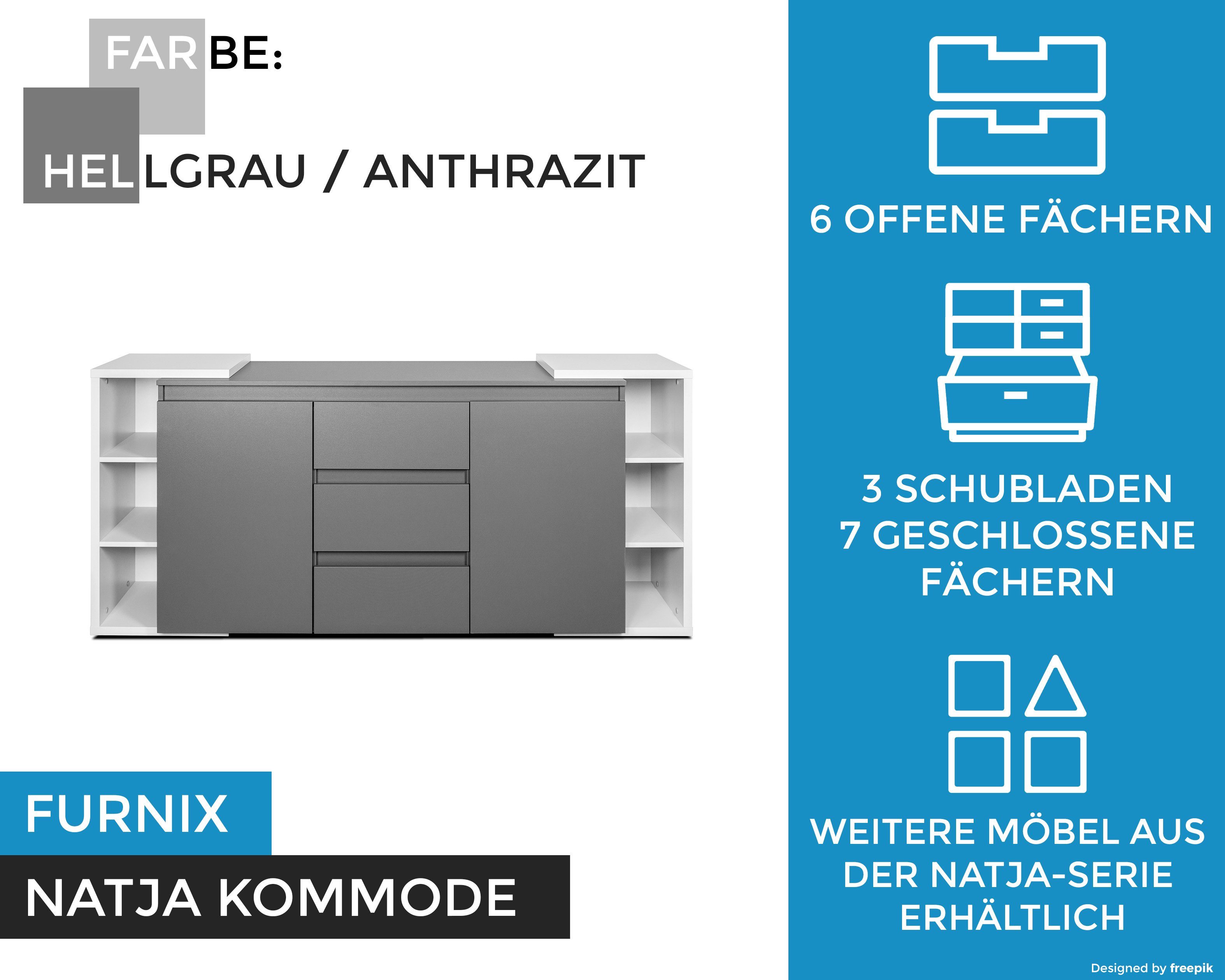 Furnix Kommode NATJA 2F3S Sideboard T44,8 mit B195,6 6 2 Türen, cm 3 Schubladen, Hellgrau/Anthrazit, 2-türiges Fächer, x cm H89 x offene