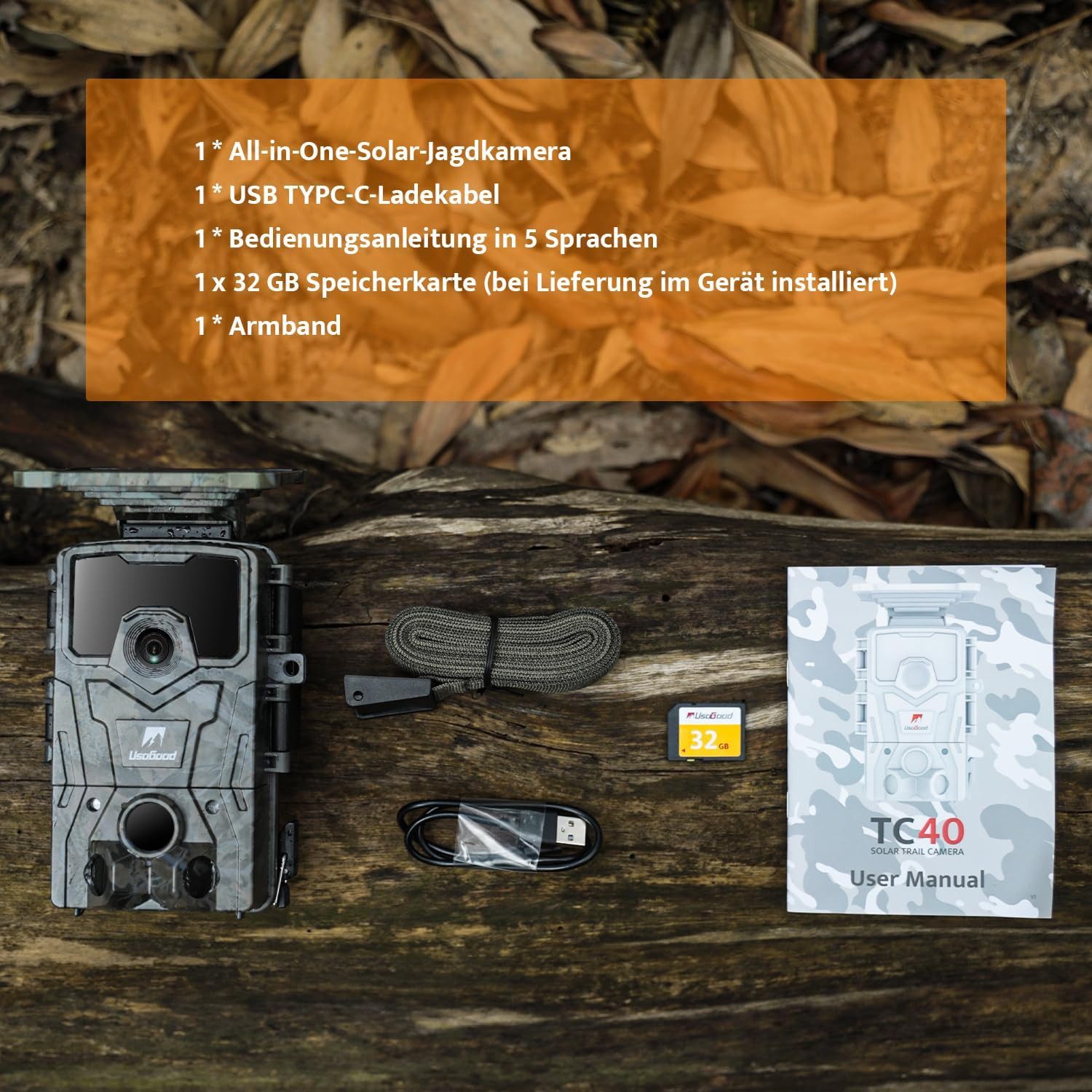Usogood Wildkamera Solar Wildkamera 4K 48MP Wildtierkamera mit 32GB Karte (Für Garten Haustierüberwachung, Spiele und Trail Outdoor -Sicherhei, Jagdkamera mit 120° Erfassungs Winkel Bewegungsmelder Nachtsicht, 1-tlg., Eingebaute Lithiumbatterie Kein WLAN IP66 Wasserdicht 0,2s Auslösezeit, für Wildtierbeobachtung & Heim Sicherheit Überwachung von Wildtieren)