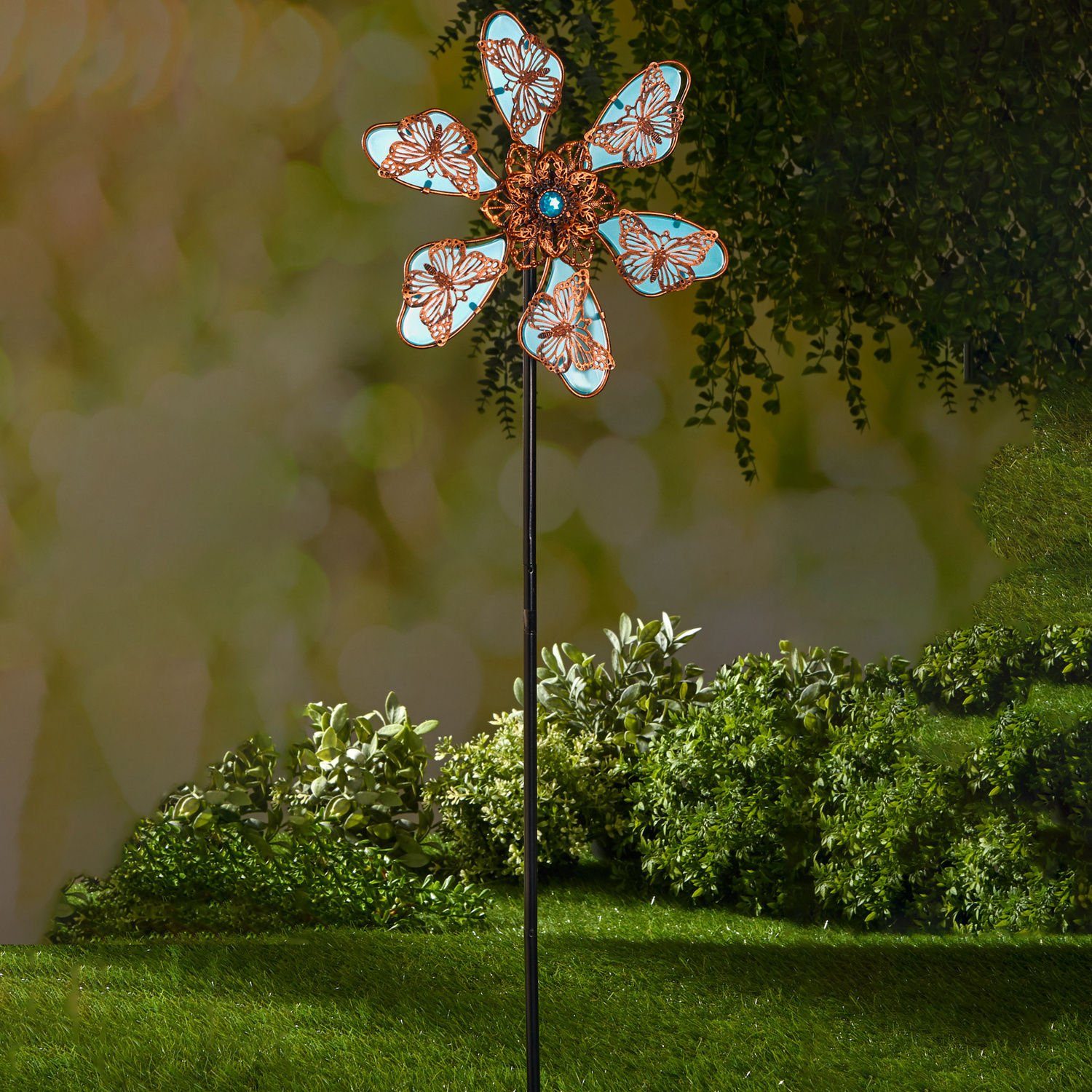 Spetebo Deko-Windrad Metall Windblume phosphoreszierend - Deko Windmühle Windrad 80 Gartenstecker H selbstleuchtend cm