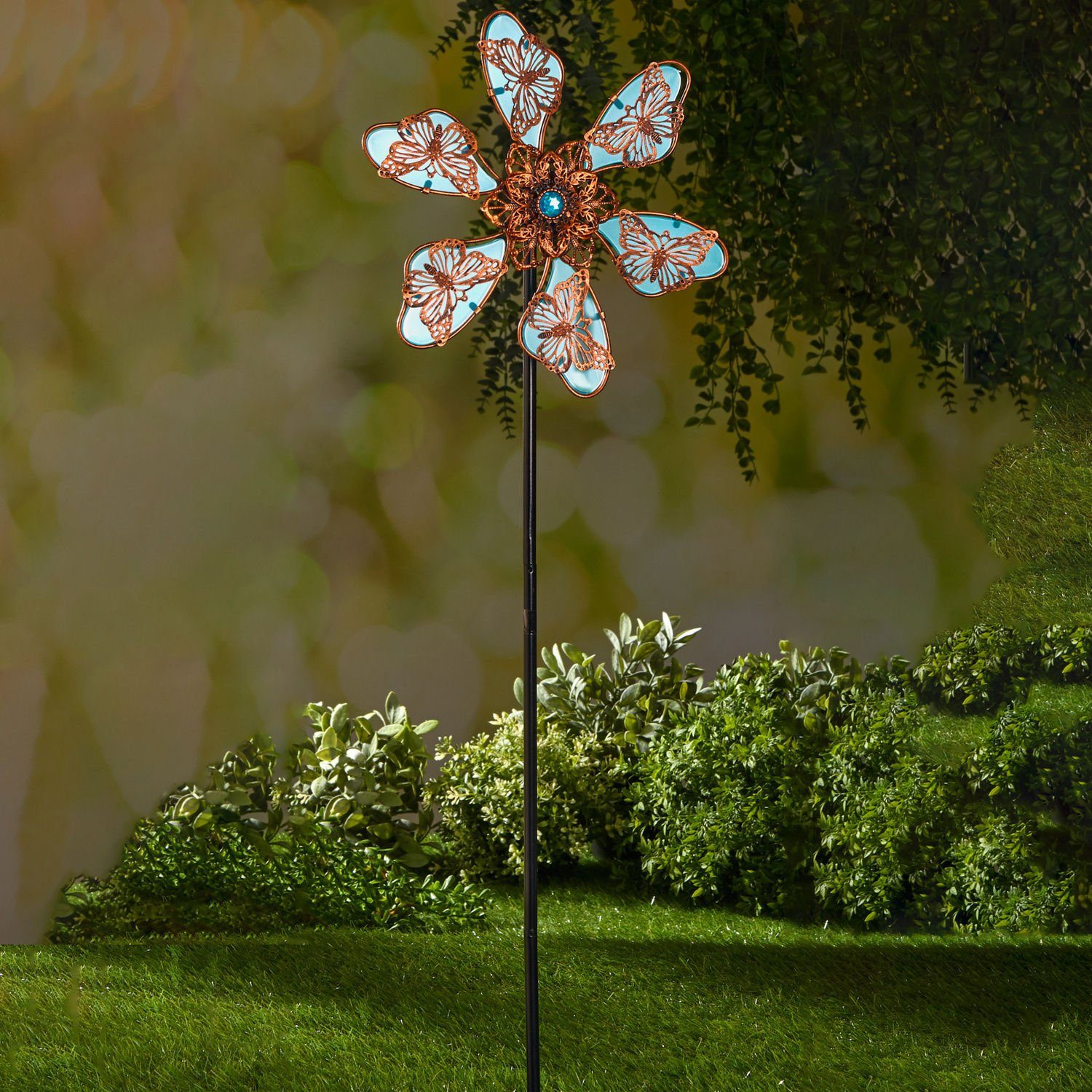 Spetebo Deko-Windrad Metall Windblume phosphoreszierend - H 80 cm (Stück, 1 St., Windrad), Deko Gartenstecker Windrad Windmühle selbstleuchtend