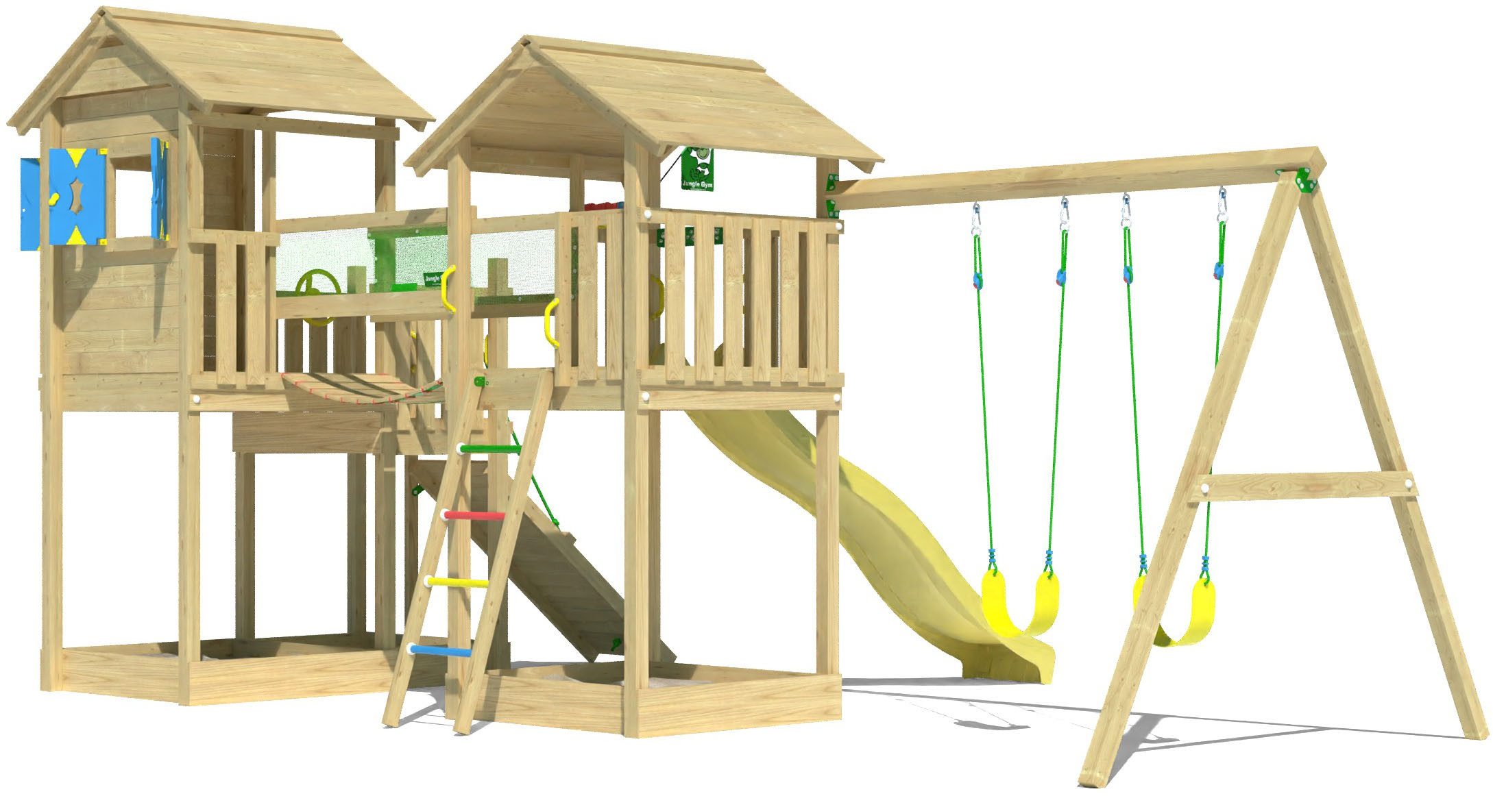 Jungle Gym Spielturm Stronghold, Spielanlage mit 2 Türmen, Schaukel und Rutsche mit Wasseranschluss