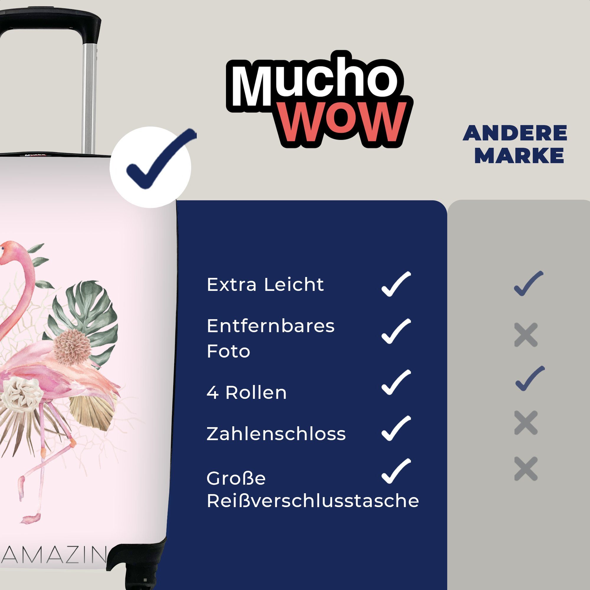 - Blumen 4 Handgepäckkoffer rollen, - Reisetasche mit für Trolley, MuchoWow Rollen, Zitate, Ferien, Handgepäck Reisekoffer Flamingo