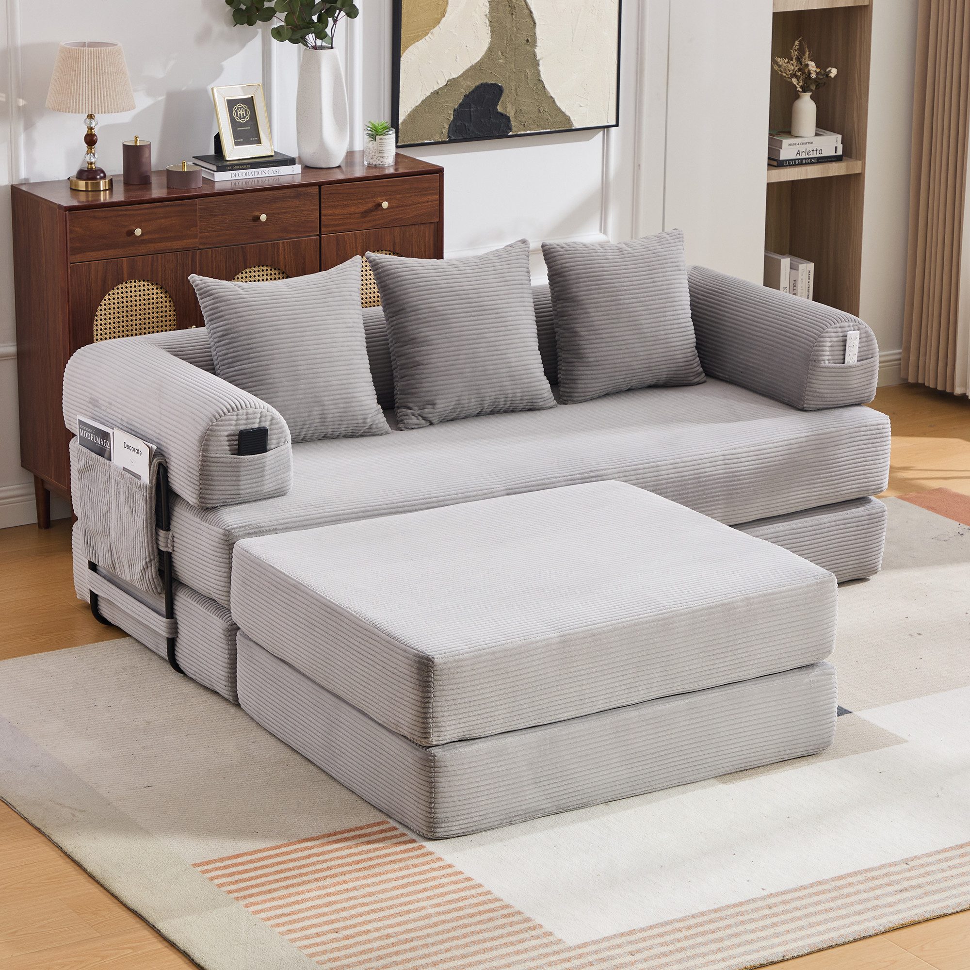 HAUSS SPOLE Loungesessel 2-tlg mit Metallrahmen & Hocker,Loungesofa mit Seitentasche,Hellgrau (Relaxsofa mit einem stabilen Metallgestell, aus hochwertigem Cordstoff gefertigt), für kleine Räume, Apartments oder Studentenwohnungen