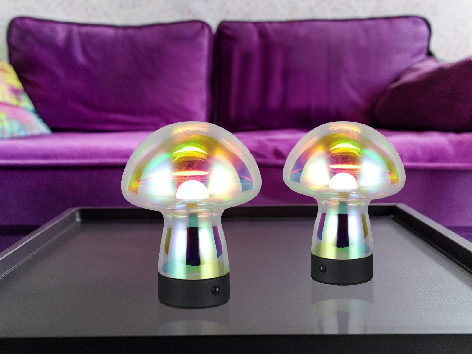 Reality Leuchten LED Tischleuchte, Dimmfunktion, LED fest integriert, Warmweiß, 2er SET kleine kabellose Pilzlampe mit Akku per USB aufladbar, H: 18cm