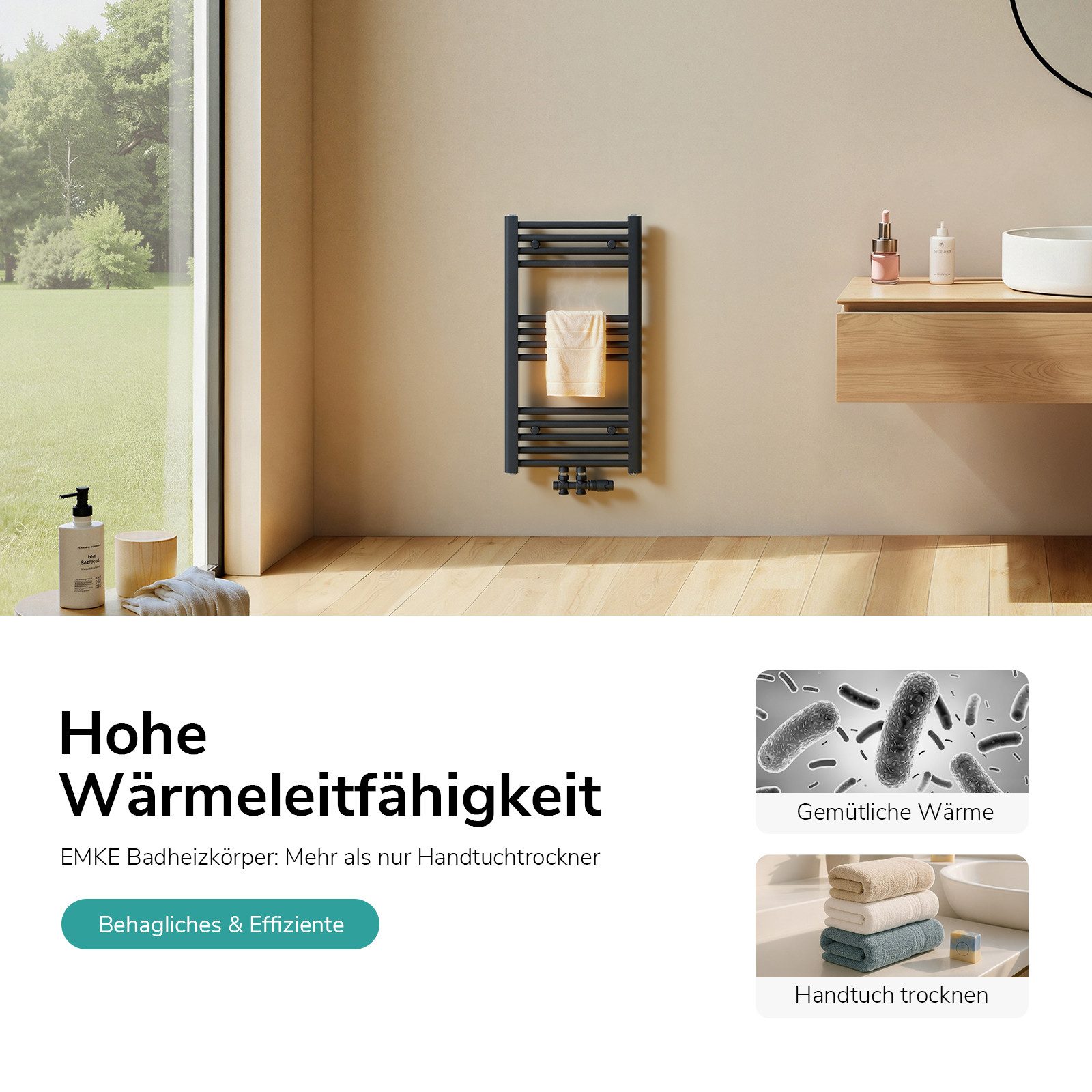 EMKE Badheizkörper Handtuchheizkörper Badezimmer Handtuchtrockner für kleines Bad, Handtuchwärmer Mittelanschluss 3/4 qm Raum 244-337W