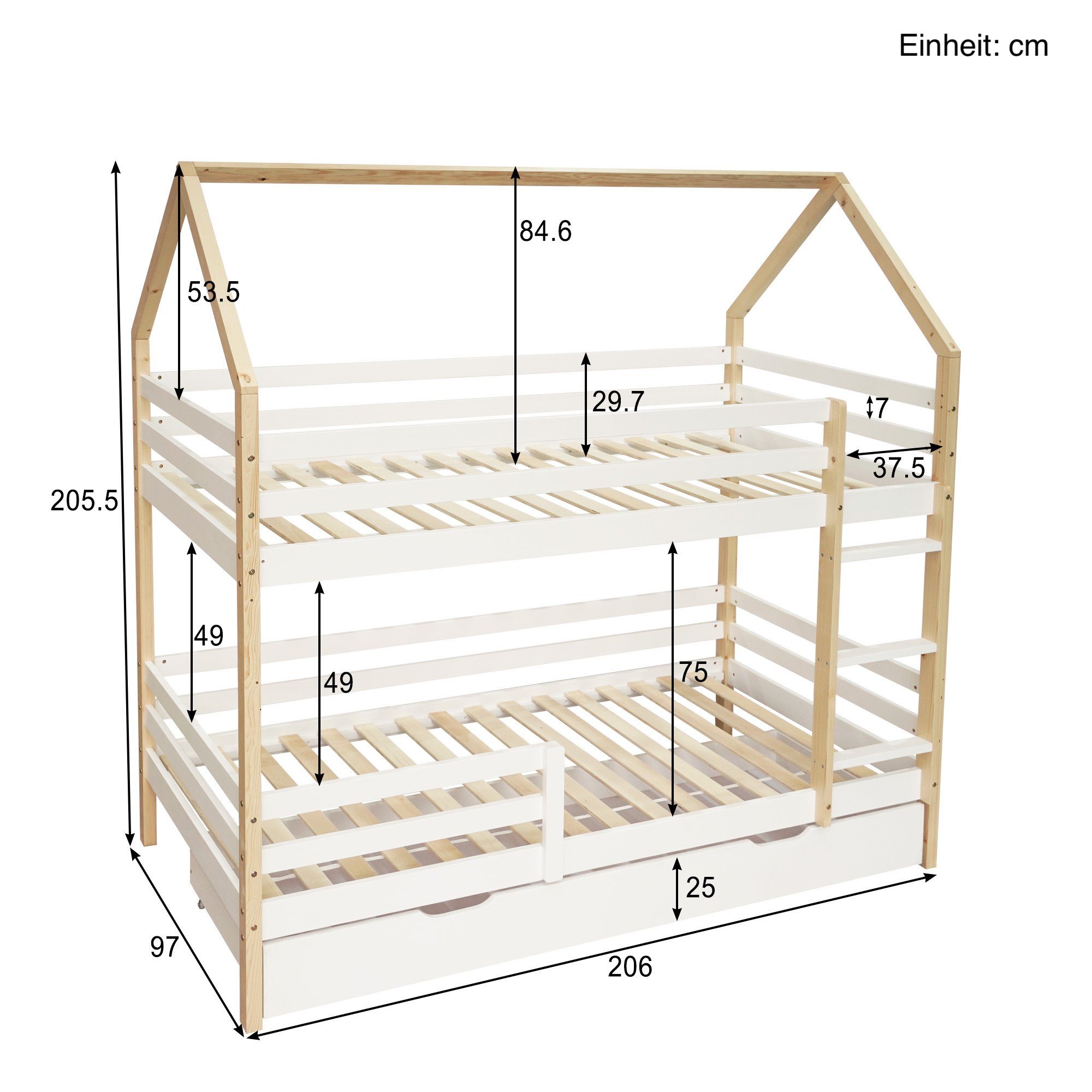 SOFTWEARY Etagenbett mit und cm), Kinderbett, Rollrost Hausbett 2 Kiefer inkl. Rausfallschutz, (90x200 Schlafgelegenheiten, Leiter