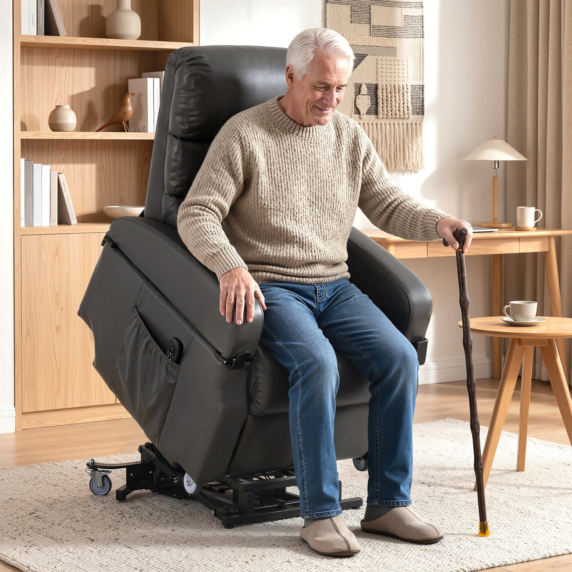 HOMCOM Relaxsessel Elektrisch, Aufklappbaren Armlehnen, mit Rollen, Kunstleder (TV Sessel, 1-St., Ruhesessel), Elektrische Aufstehhilfe, Doppelmotor, Liegefunktion