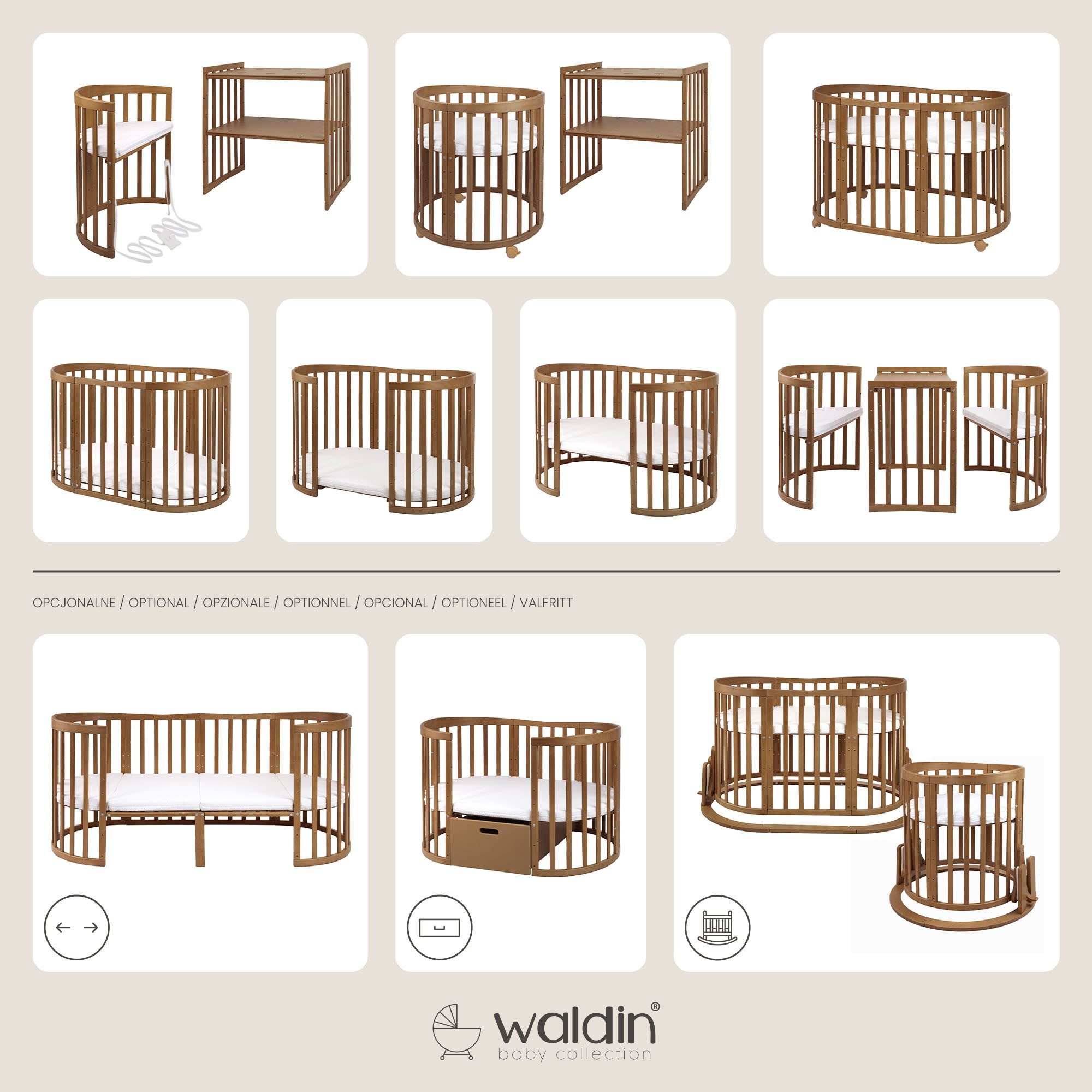 Waldin Babybett Mobiles Babybett OWAL aus Holz 7in1 mit Matratze, mitwachse günstig online kaufen