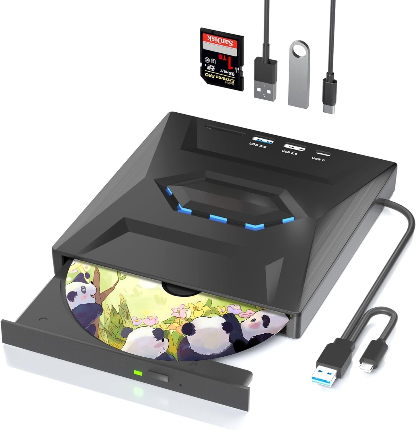 Welikera Externe CD DVD Laufwerk, USB 3.0, Typ-C, SD/TF Kartenleser Anschlüsse Dvd-рекордер