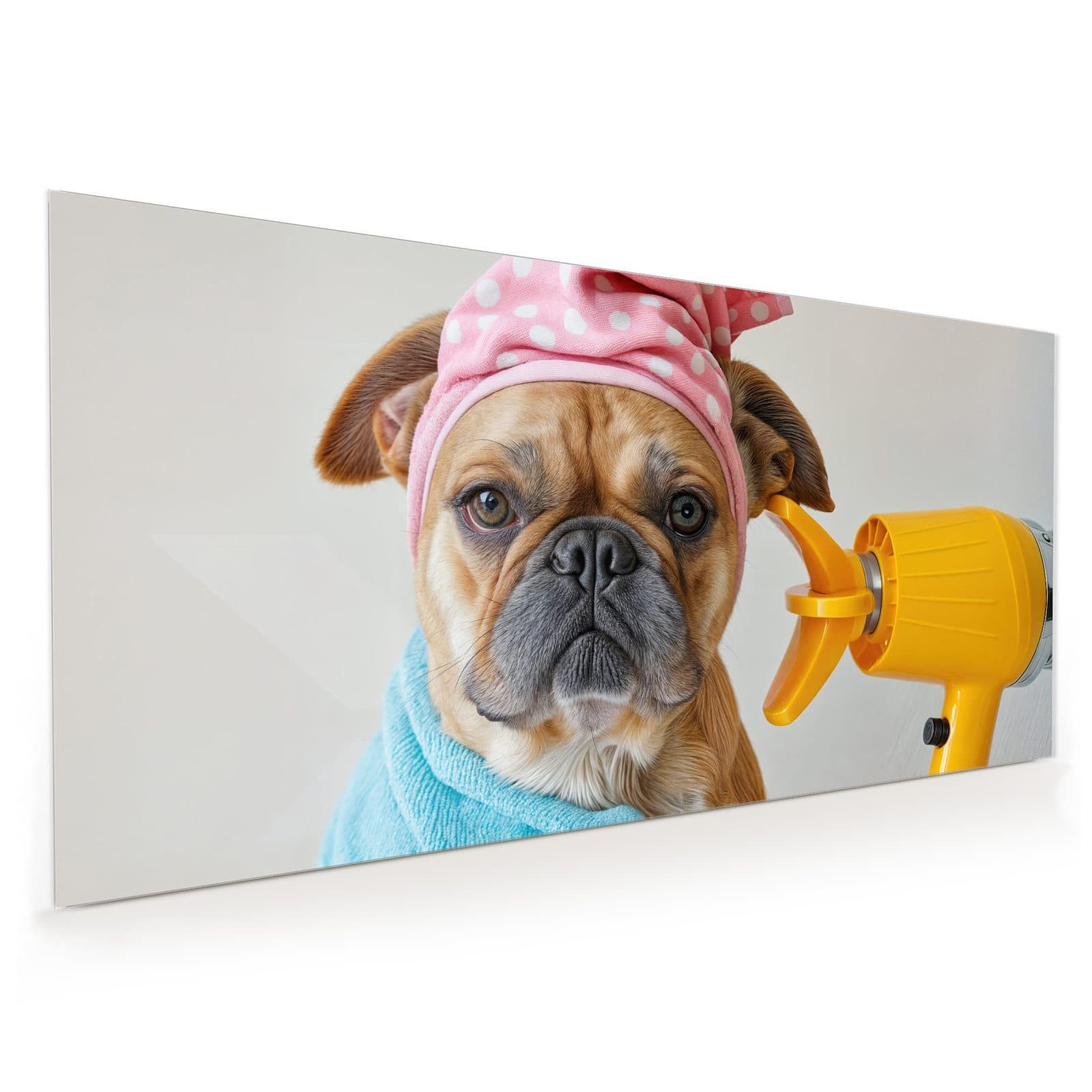 Primedeco Küchenrückwand Spritzschutz, Herdblende aus Glas - Motiv Hund mit Badehandtuch