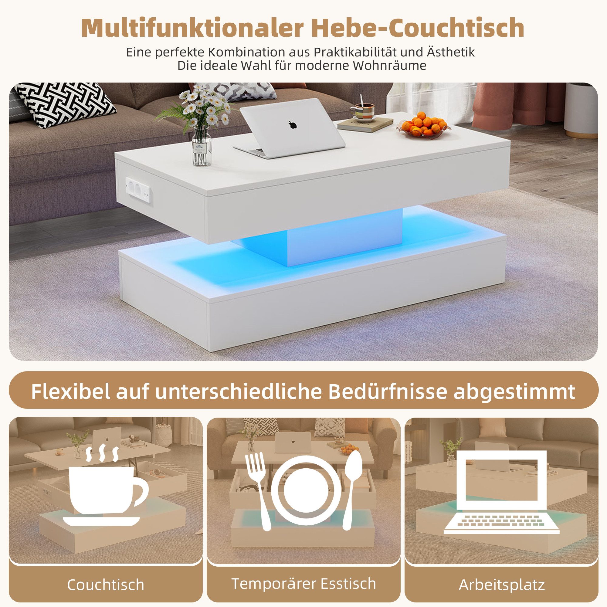OKWISH Couchtisch Beistelltisch mit hydraulischem Hub (Satztisch, Wohnzimmertisch, 1-St., 50 kg belastbar), mit LED-Beleuchtung und verstecktem Stauraum