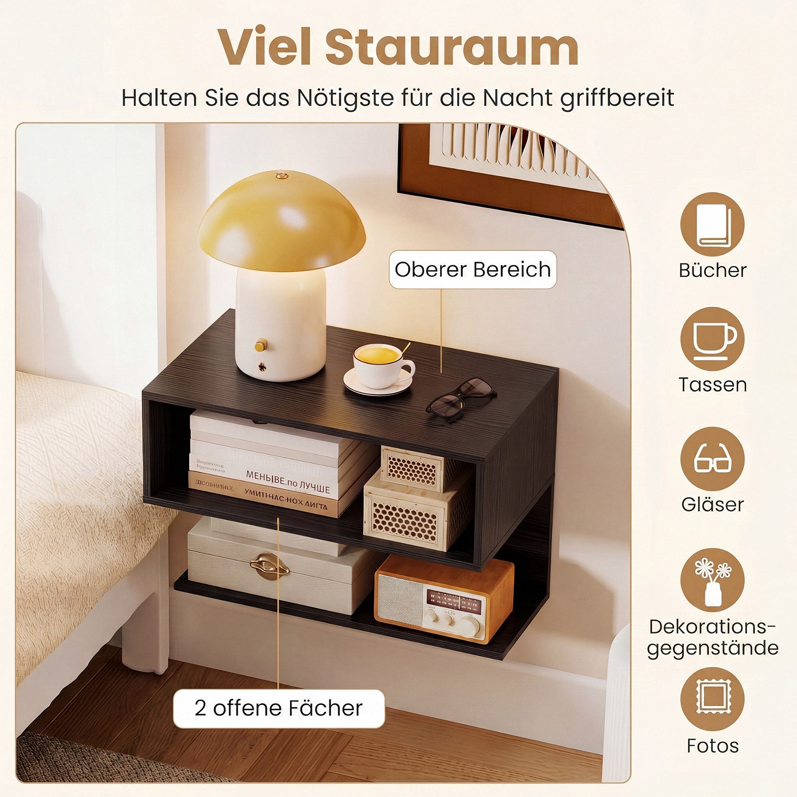 COSTWAY Nachttisch (1-St), hängender Nachtschrank, Wandregal, aus Holz
