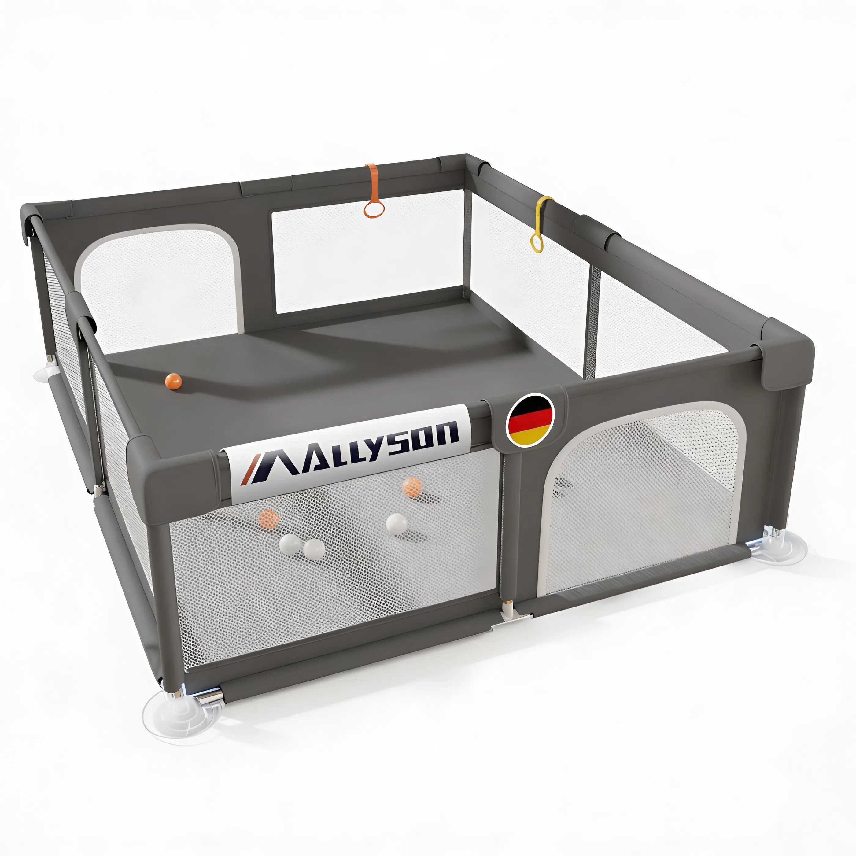 Allyson Laufgitter Laufstall Baby mit Matte, Baby Playpen Kinderlaufstall, Saugnäpfe & Stahlrahmen Inkl. 20 Spielbällen, Matte & 2 Haltegriffen