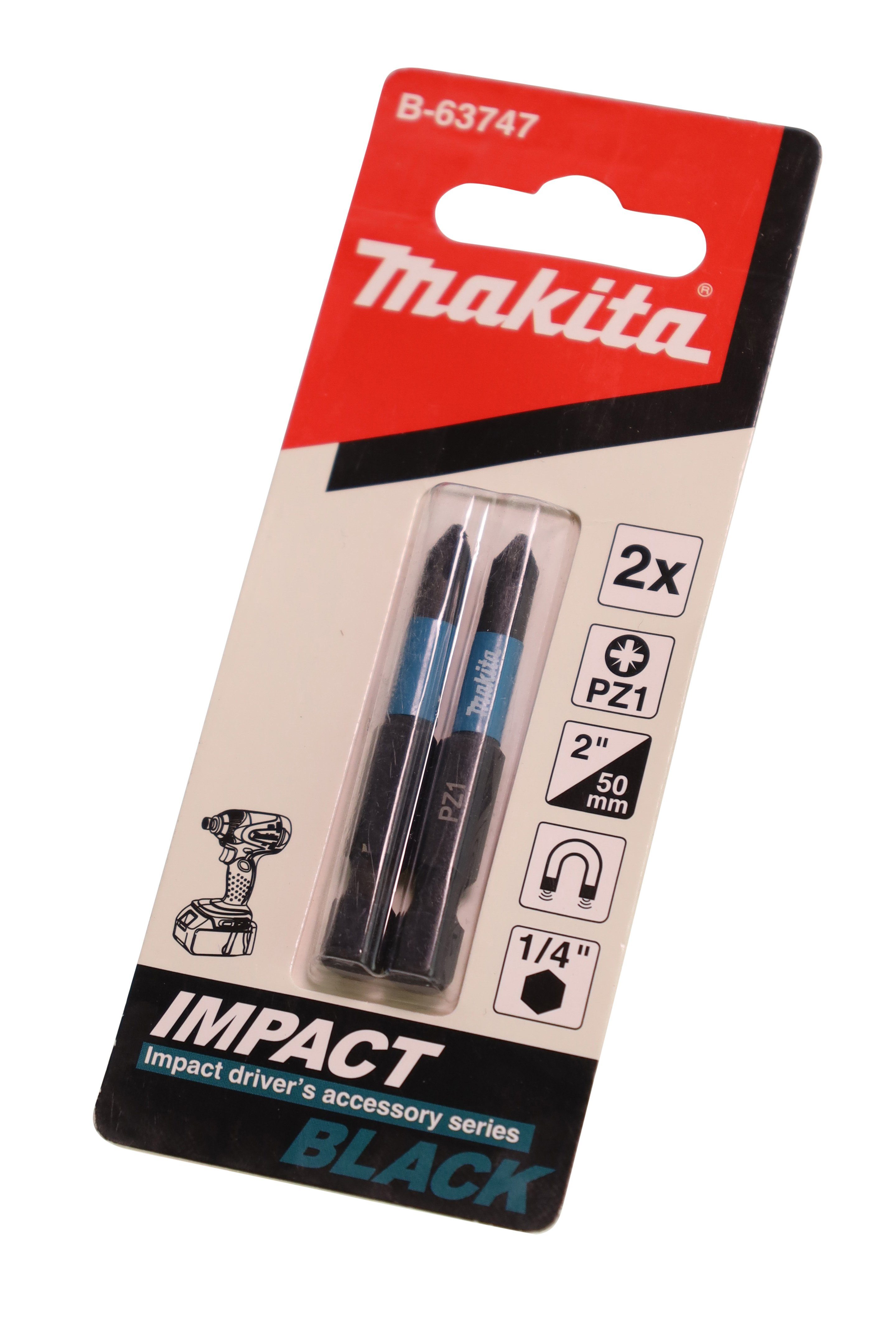 Makita Black, 1x50 B-63747 Bit-Set Stück, S2-Spezialstahl Bit und Makita 2 PZ1 Bohrer- Impact