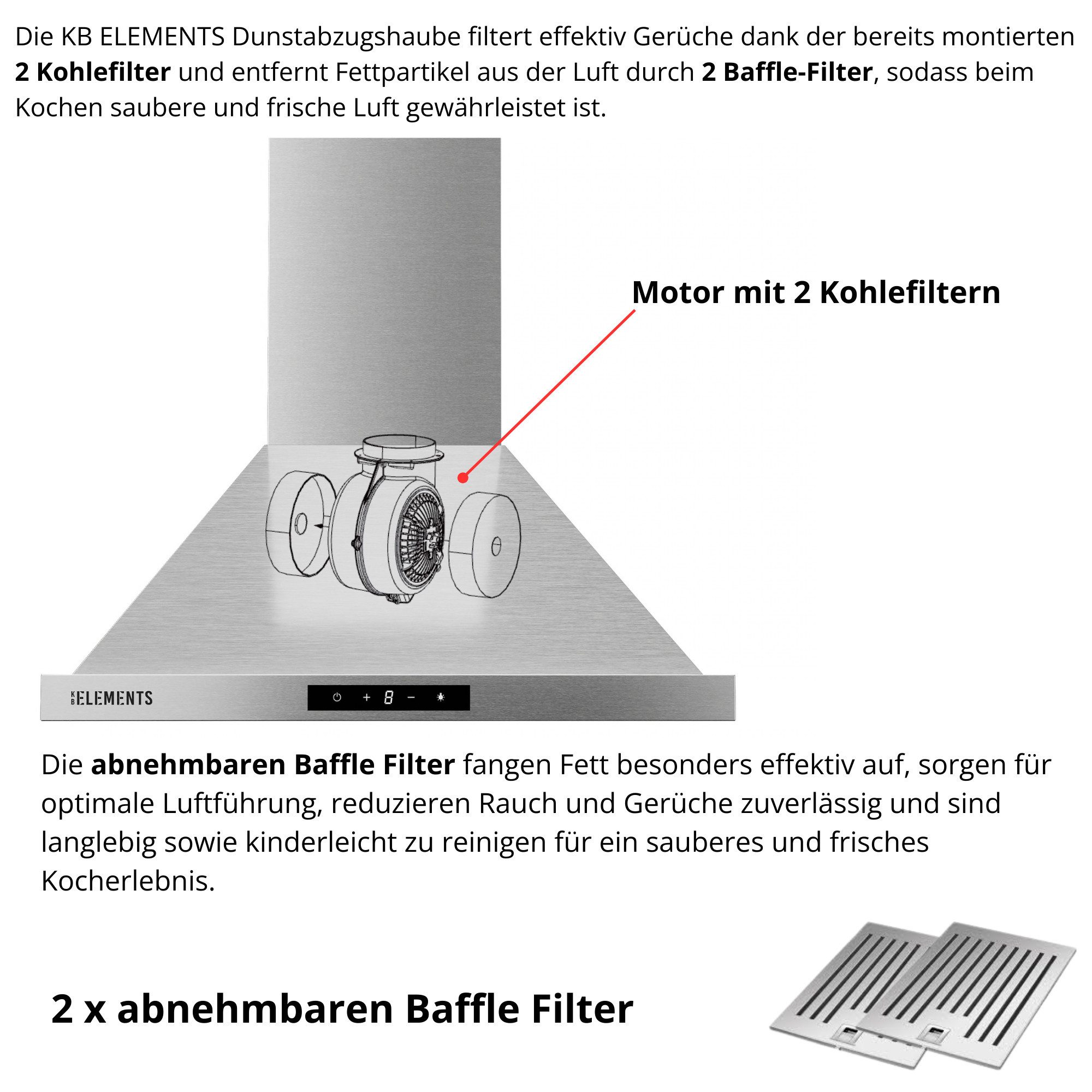 KB Elements Wandhaube Brushless-Motor, 650 m³/h Absaugleistung Brushless-Motor, 650 m³/h Absaugleistung, Brushless-Motor mit 2 Aktivkohlefilter, Touch / Gestensteuerung