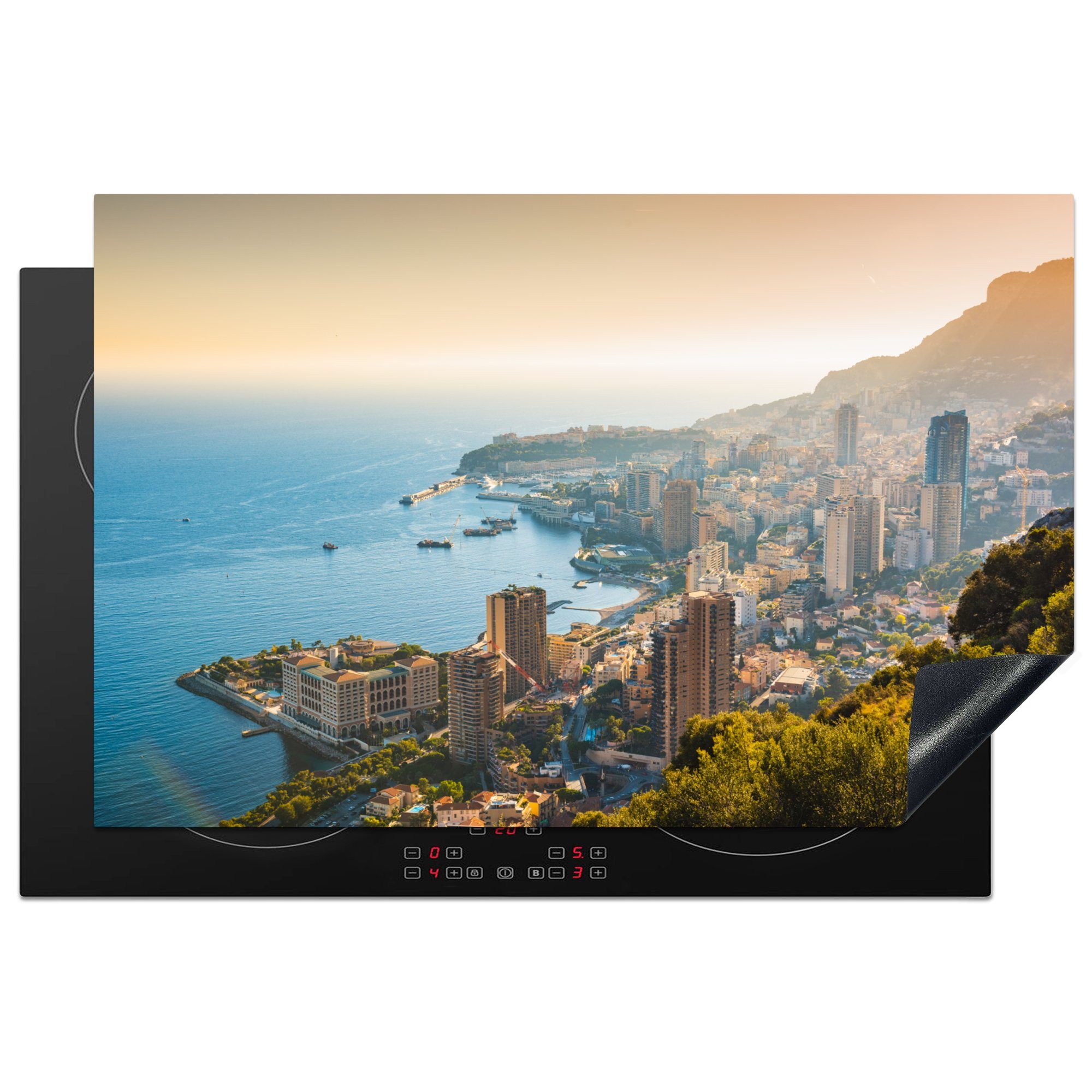 MuchoWow Herdblende-/Abdeckplatte Blick auf Monaco am Meer an einem Sommertag, Vinyl, (1 tlg), 81x52 cm, Induktionskochfeld Schutz für die küche, Ceranfeldabdeckung