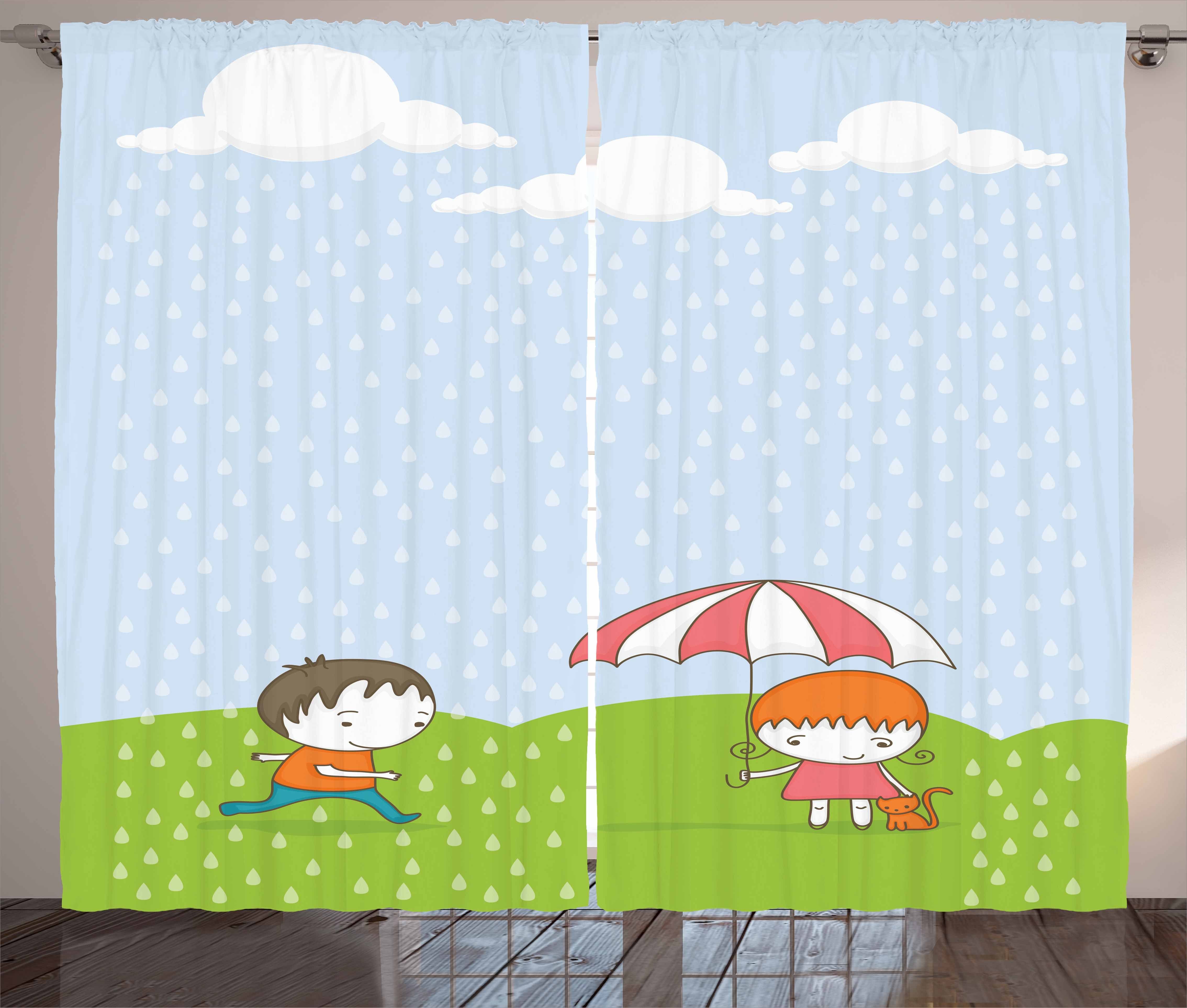 Gardine Schlafzimmer Kräuselband Vorhang Haken, Regen und Wolke Junge mit Mädchen und Abakuhaus, im Schlaufen