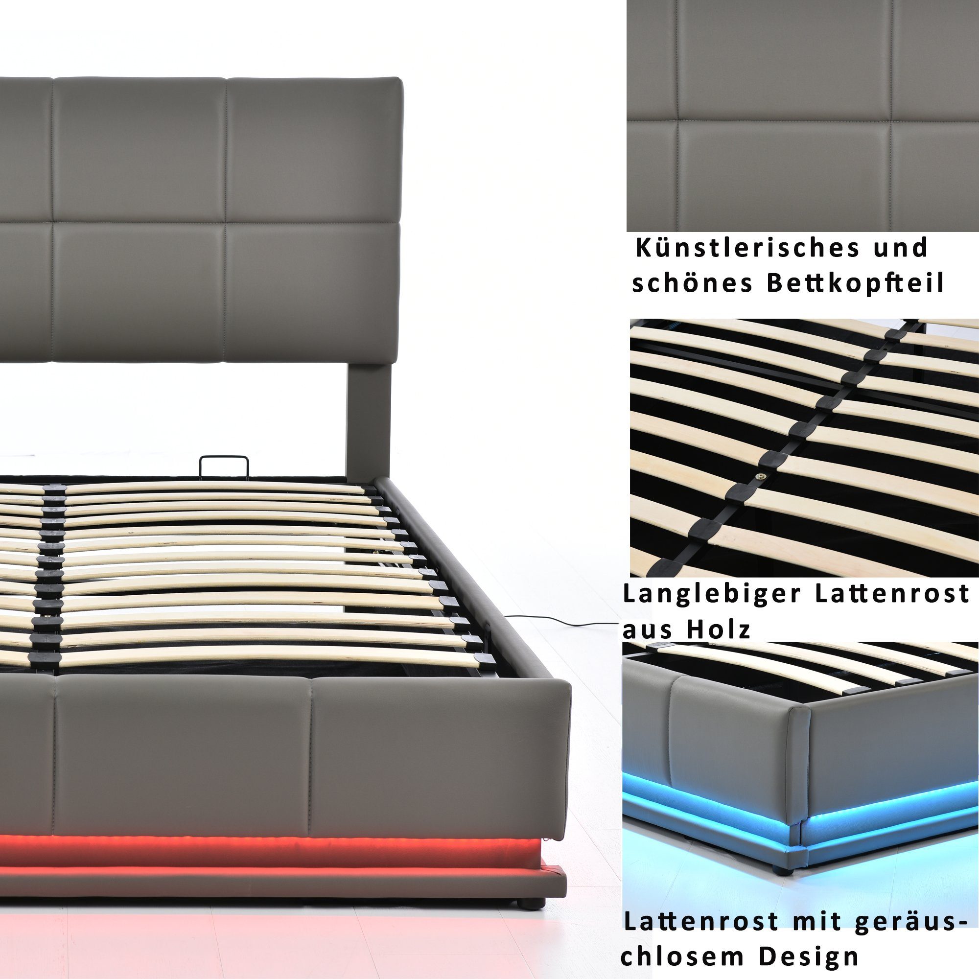 Doppelbett Grau Flieks LED Polsterbett, Kunstleder hydraulisches 140x200cm