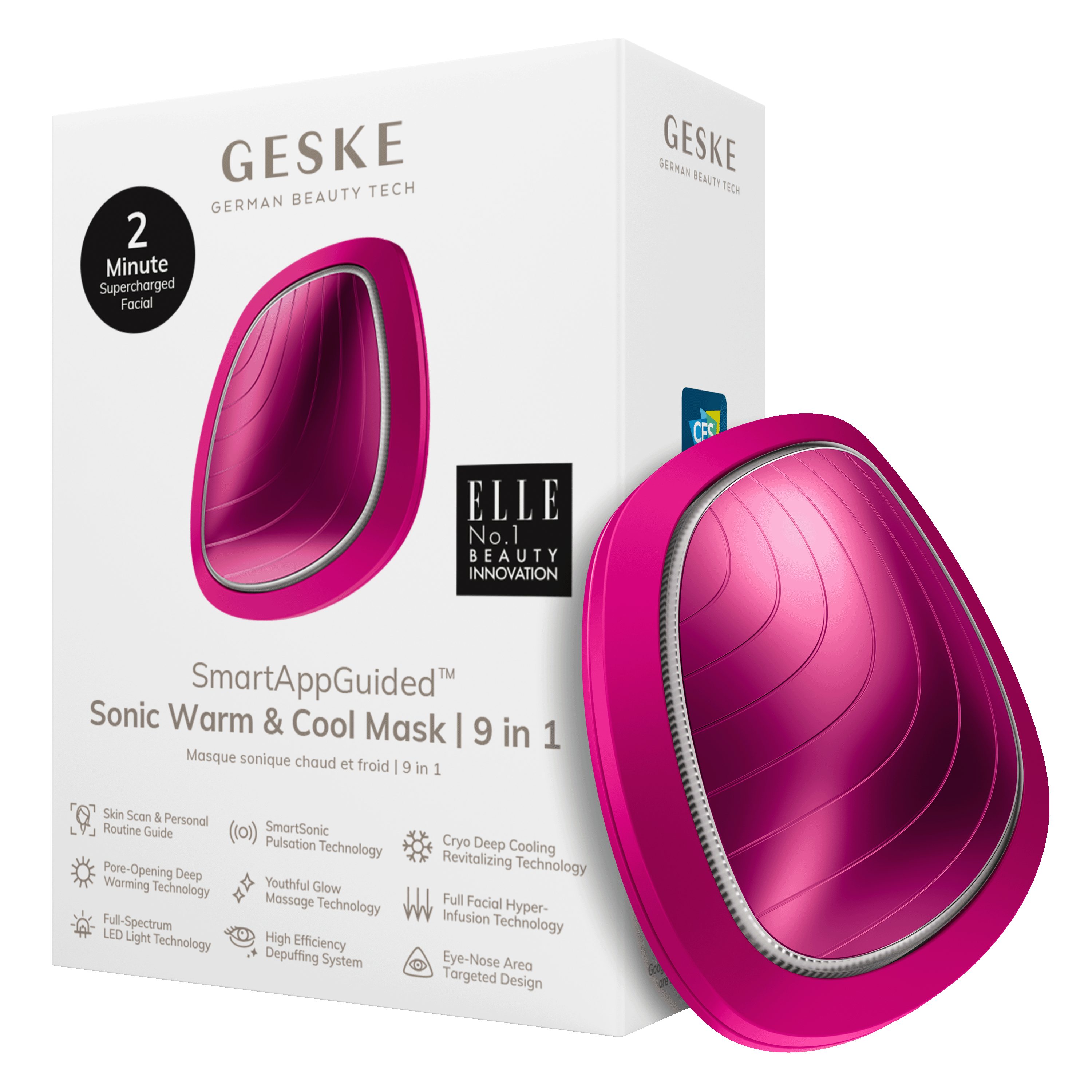 GESKE German Beauty Tech Enhancer SmartAppGuided™ Sonic Warm & Cool Mask 9 in 1, Packung (Gerät & USB-Ladekabel), 2-tlg., Gerät inkl. kostenloser APP (SmartAppGuided Device), Mit der GESKE App erhältst Du deine personalisierte Hautpflegeroutine. Magenta