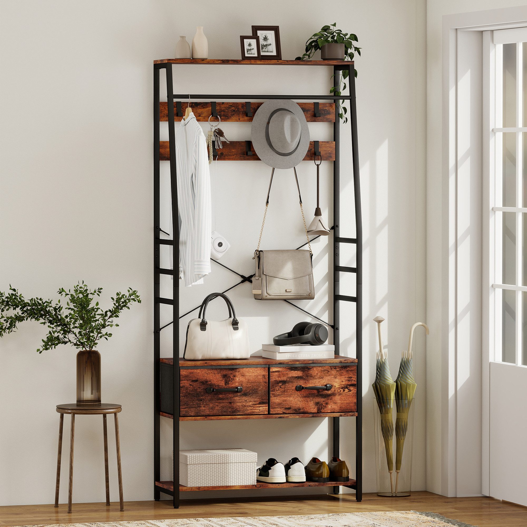 HOMCOM Garderobenständer Schuhbank, Kleiderstange, Industrie-Design Garderobe, Höhe 180 cm, (Jackenständer, 1 St., Kleiderständer), für Eingangsbereich, Flur, Rustikal-Braun