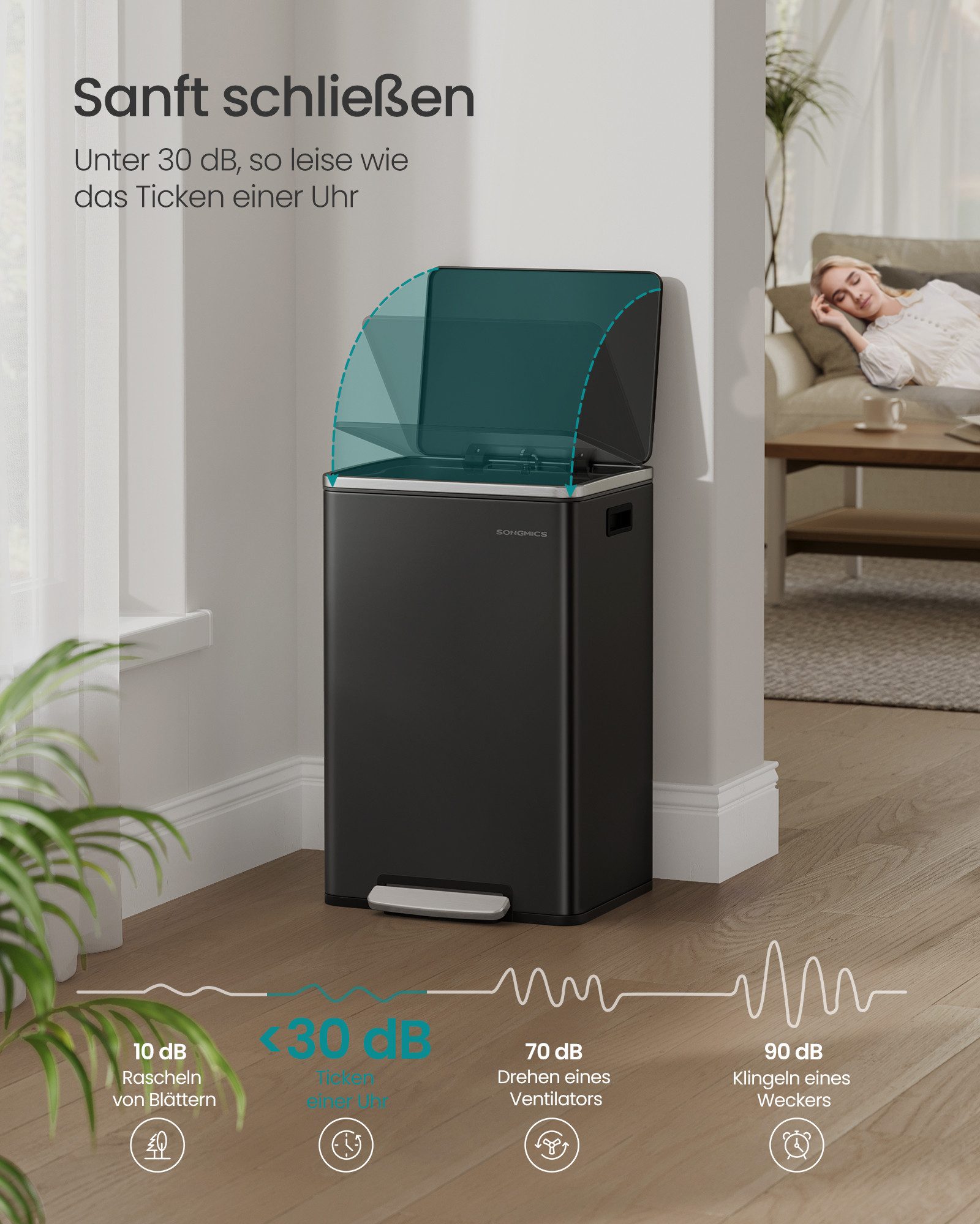 SONGMICS Mülleimer mit sanfter Deckelschließung, 50 L, herausnehmbarer Inneneimer aus Kunststoff, mit Deckel, Griffe – Bild 3 von 5