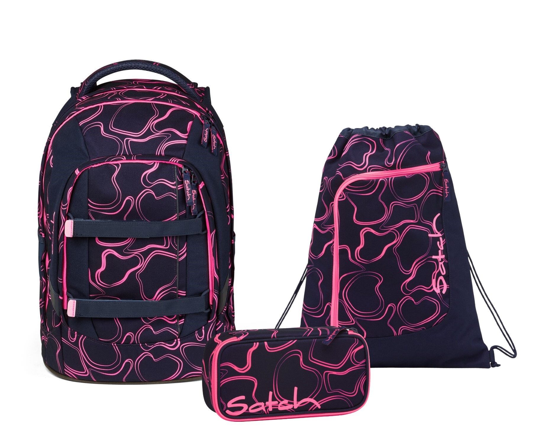 Satch Schulranzen Schulrucksack-Set PACK Pink Supreme 3-teilig (3-teilig), Laptop-Fach, Your-Size-System, Schulranzen