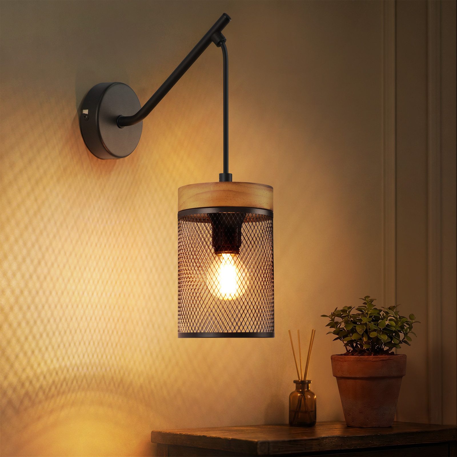 ZMH Wandleuchte Vintage E14 retro Schwarz Wandlampe Metall & Holz für Schlafzimmer, ohne Leuchtmittel, Wandabstand schafft schwebende Optik – frei wie eine Hängeleuchte