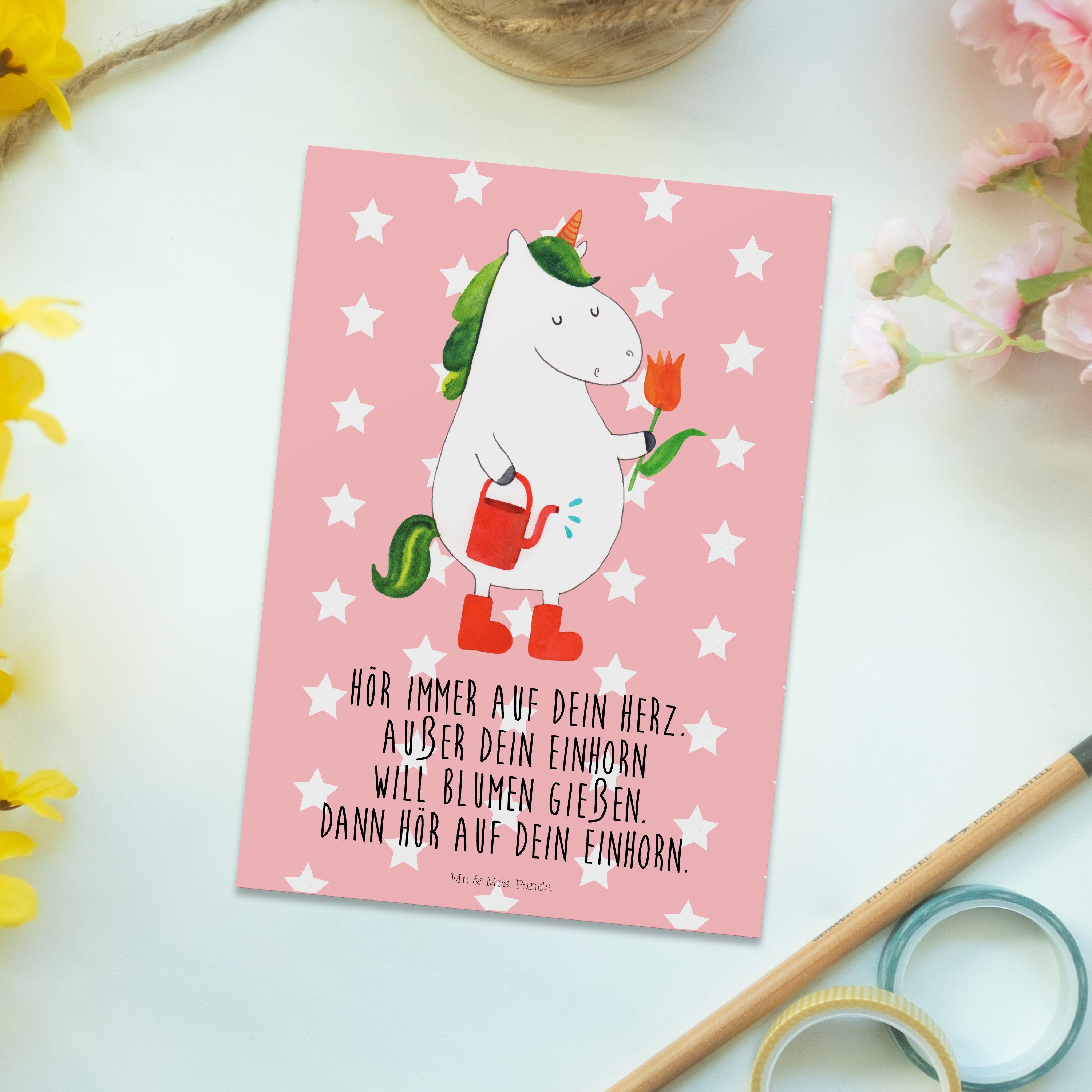 Mr. & Mrs. Postkarte Einhorn - Pastell - Gärtner Panda Giesskanne, Unicorn, Geschenk, Rot Einlad