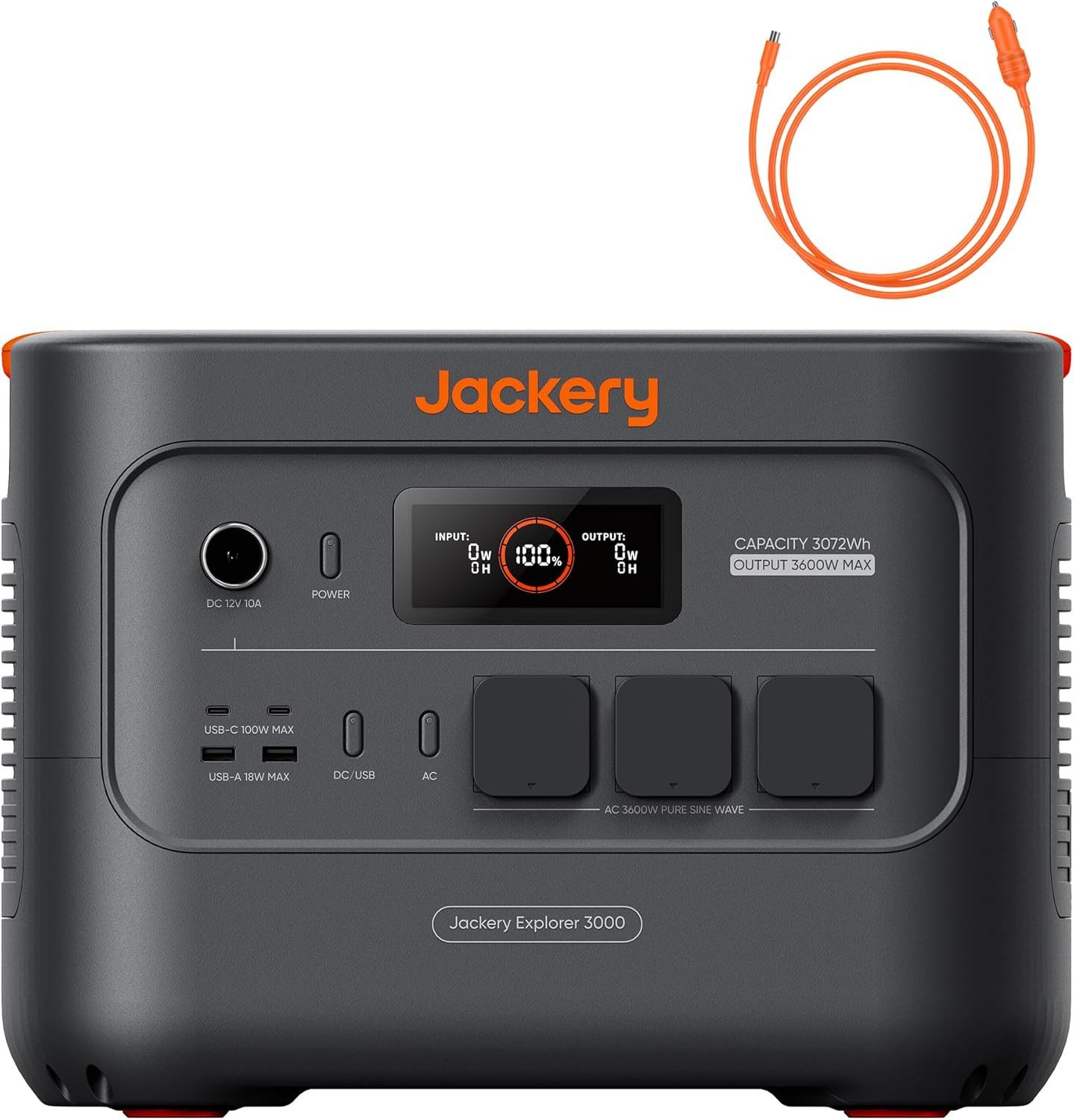 Jackery Stromerzeuger E3000 v2 Tragbare Powerstation mit Kabel, 3072Wh/3600W LiFePO4, 7,2 in kW, mit Kfz-Ladekabel, 1,8h Schnellladung, für Camping, Notfall