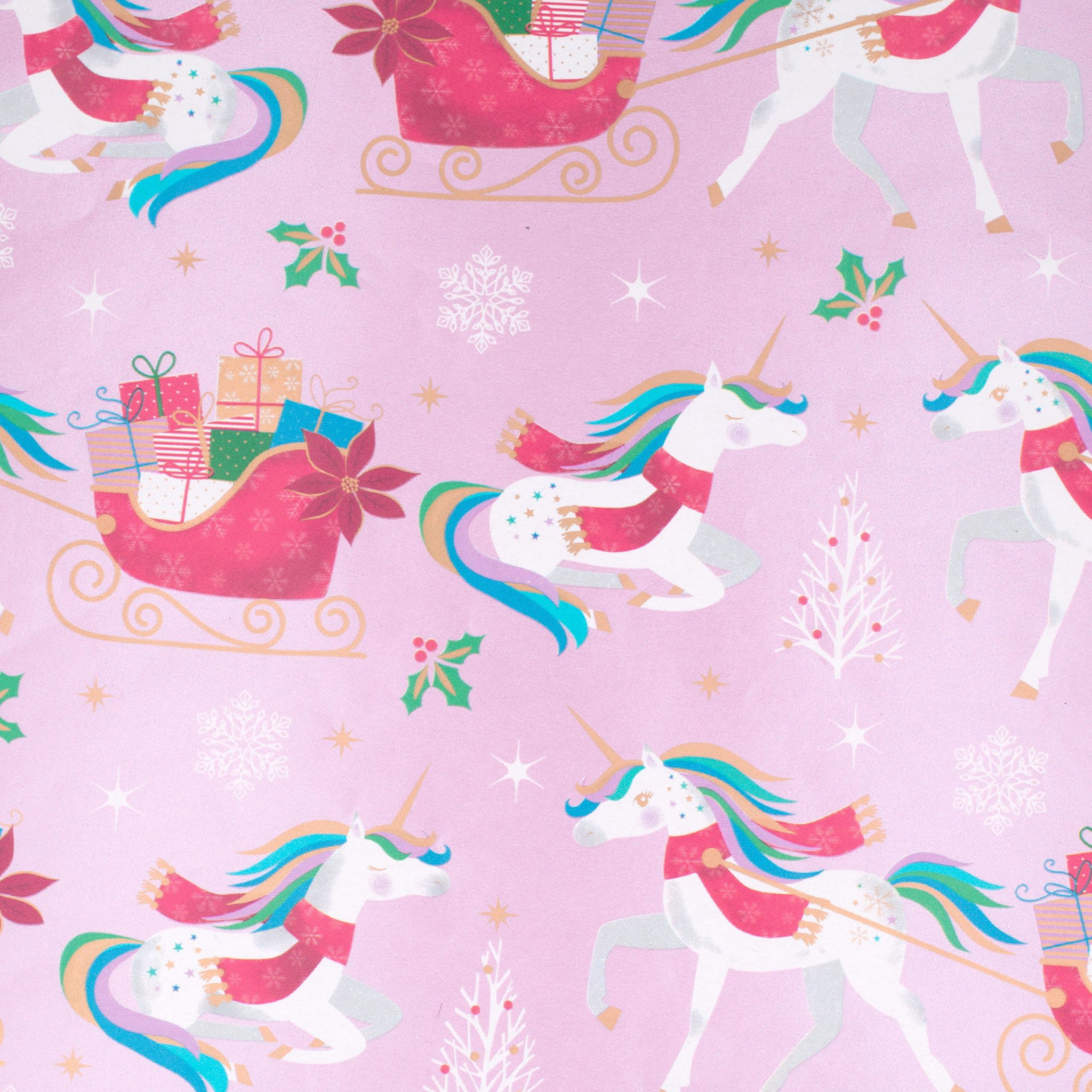 Star Geschenkpapier, Geschenkpapier Einhorn mit Weihnachtsschlitten 70cm x 2m Rolle Rosa