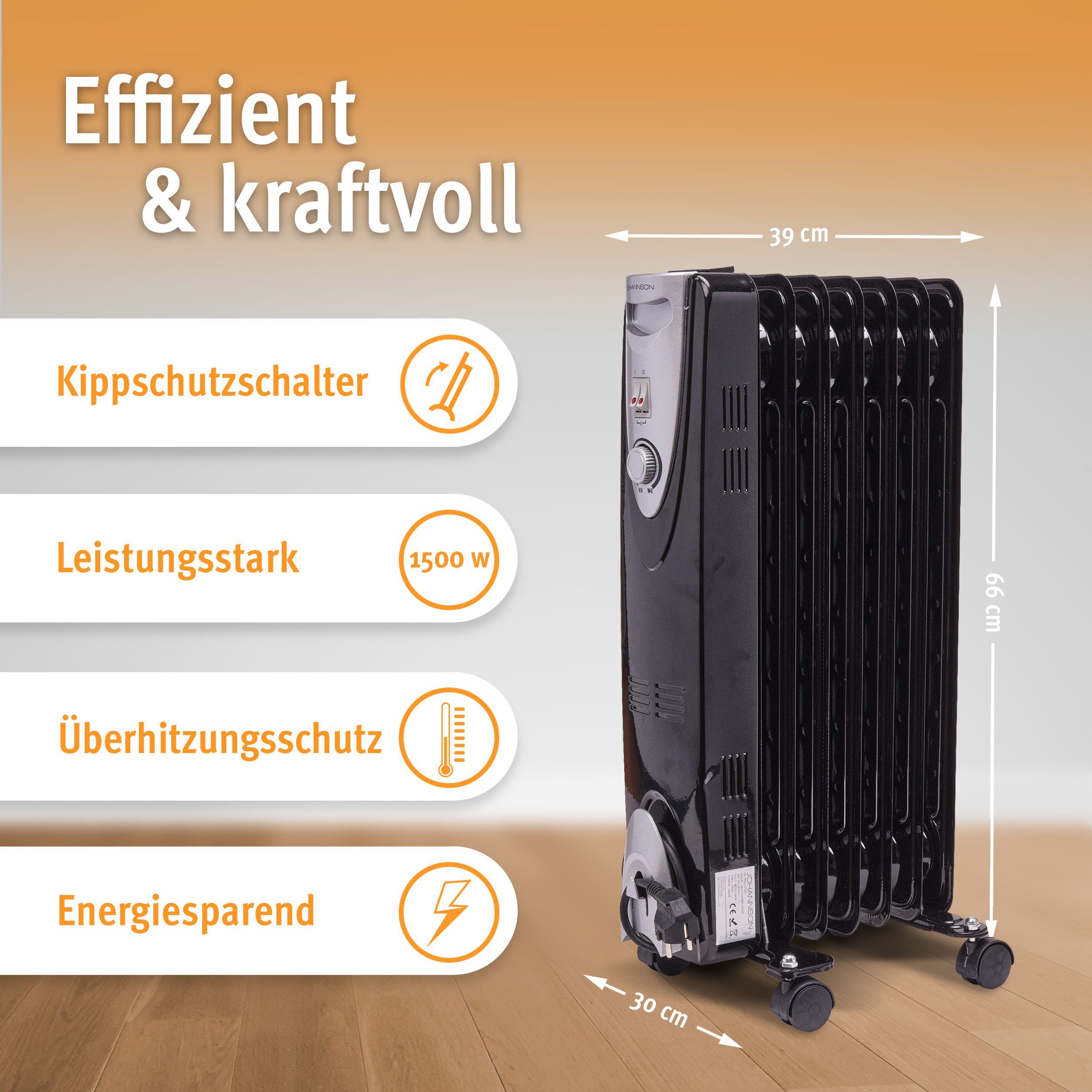 Ölradiator Heizstufen 1500.00 Elektroheizkörper, 3 9 W, Thermostat und Heat Schwarz Johannson Mobile Champ Heizung 7 mit Heizelementen, bis Ölradiator