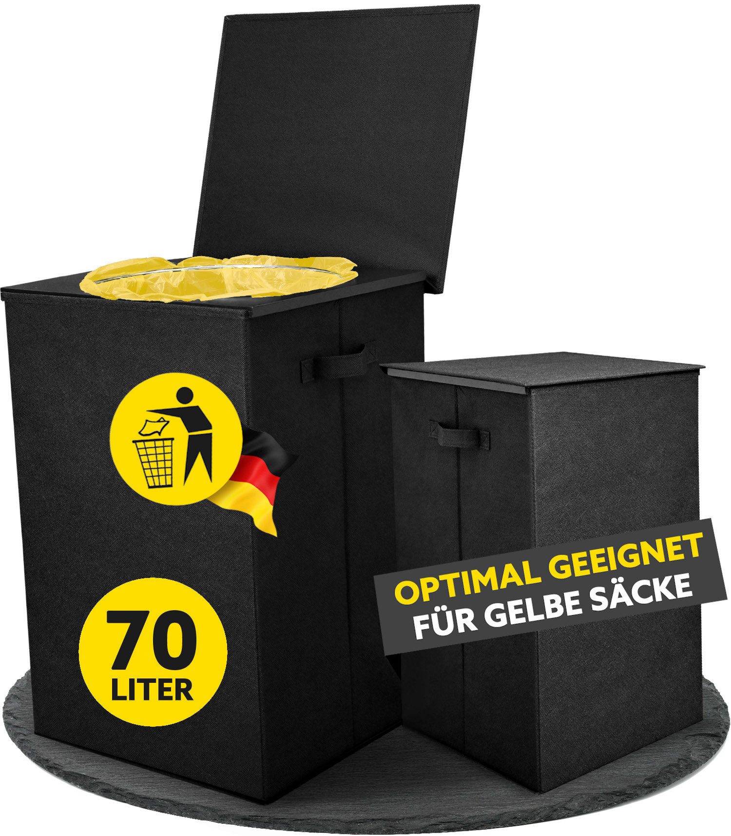 HANDFILL Flaschensammler Wäschekorb & Müllsackständer 70L Gelber Sack mit Deckel Stoffumrandung (Nachhaltiges Mülltrennsystem mit Deckel und Stoffumrandung, 70 Liter Volumen, Gelber Sack Ständer Set als Mülleimer, Pfandflaschen Wäschesammler), Stabiler Müllsackständer mit Stoffumrandung, geruchsdicht & nachhaltig