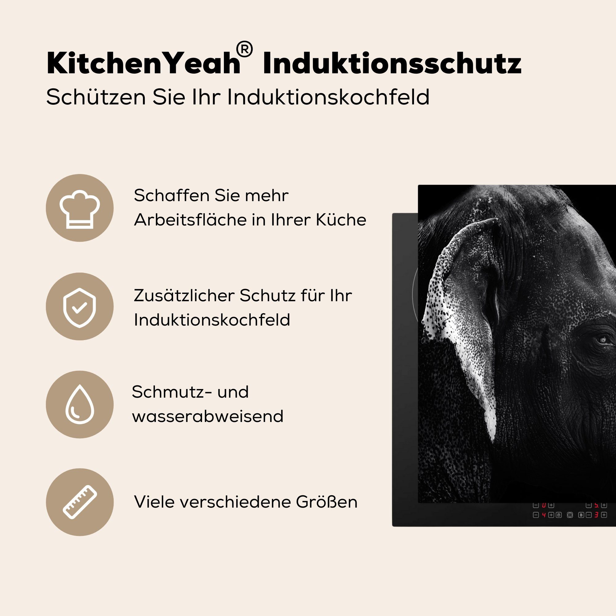 tlg), küche und cm, weiß, Vinyl, 78x78 Elefant schwarz Arbeitsplatte in Herdblende-/Abdeckplatte auf für MuchoWow (1 Ceranfeldabdeckung, schwarzem Hintergrund