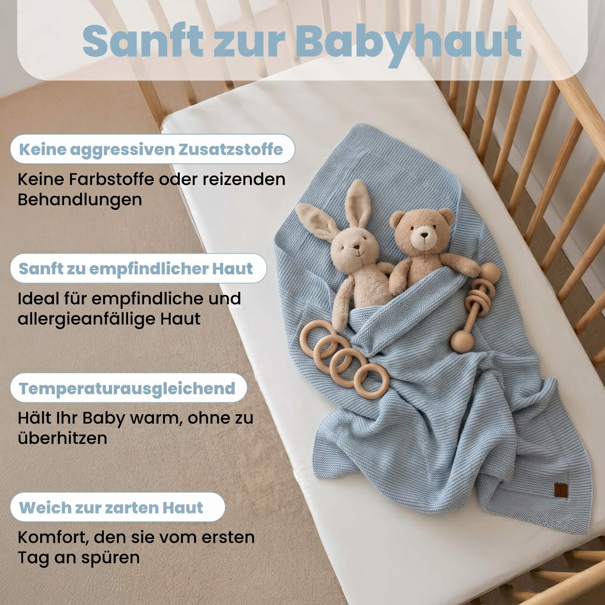 Babydecke Baby Strickdecke, %100 Bio Baumwolle, Atmungsaktiv, 80x100cm, Babyblau, Little Dedi – Bild 5 von 5