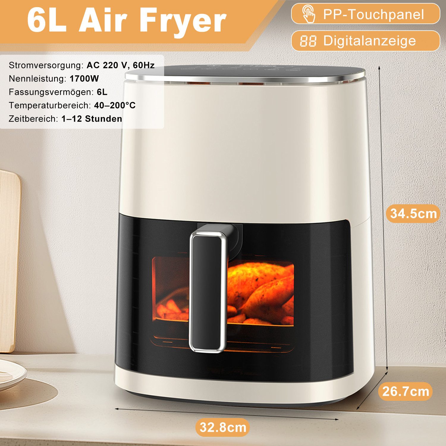 AIMAX Heißluftfritteuse XXL Airfryer 6L Touch Display, Sichtfenster 12 Automatikprogramme, 1700 W, Spülmaschinenfest, fettarmes gesundes Kochen, Für 3-5 Personen