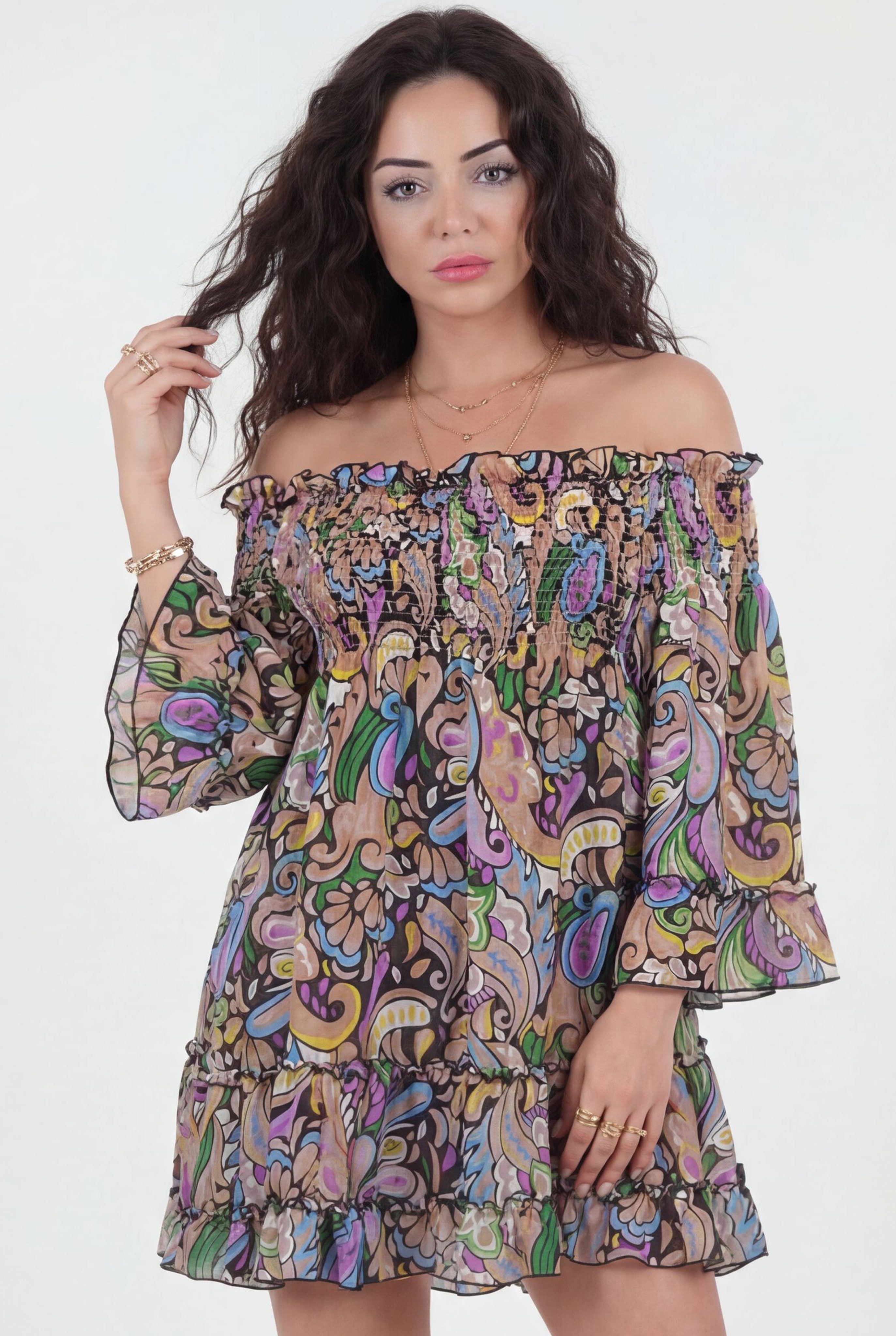 YC Fashion & Style Minikleid Off-Shoulder Kleid – Boho-Flair One Size (34-38) mit Alloverdruck