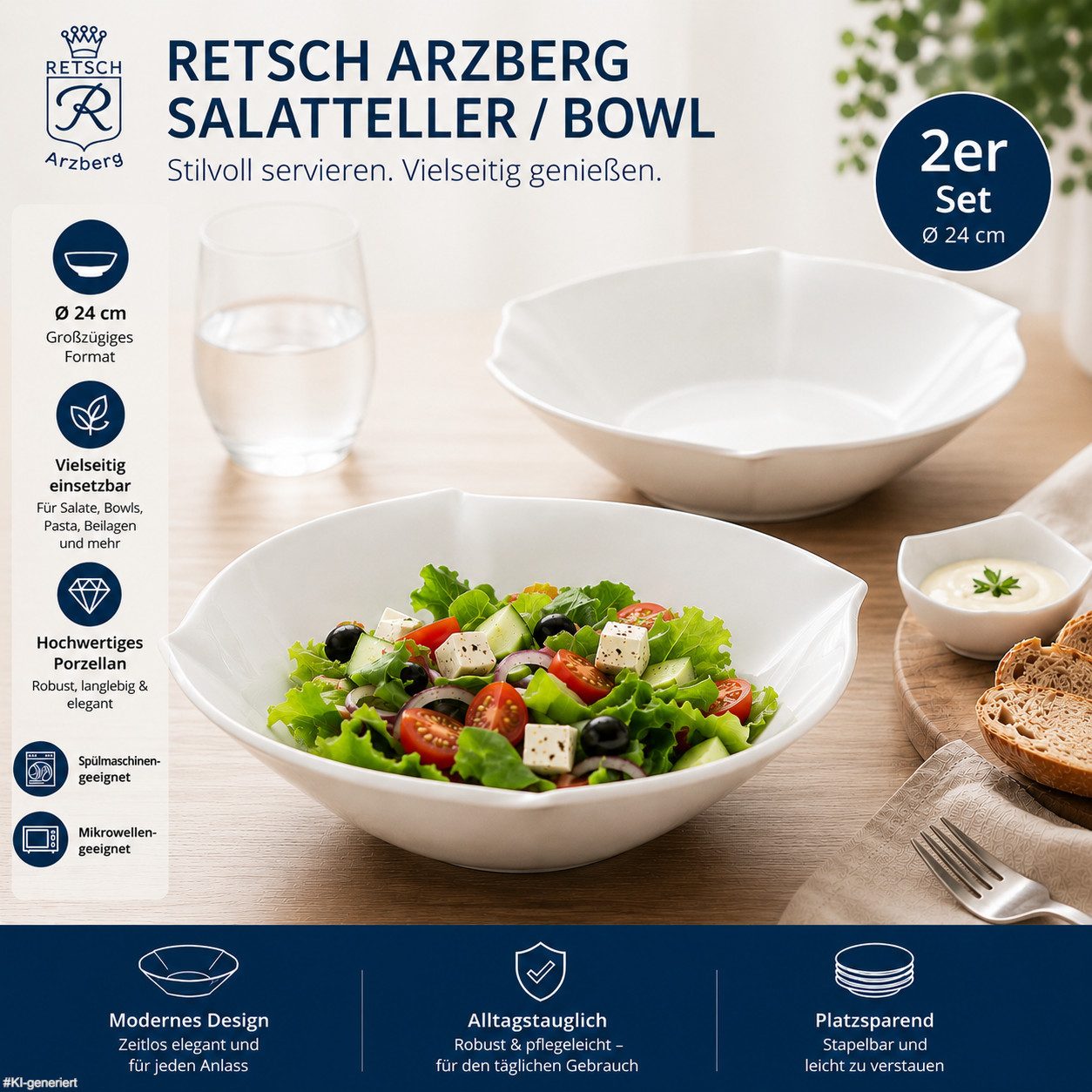 Retsch Arzberg Salatteller & Bowl-Teller aus Porzellan Ø 24 cm, (2 St), Große Tiefe-Teller für Bowls, Pasta, Beilagen & Dessert