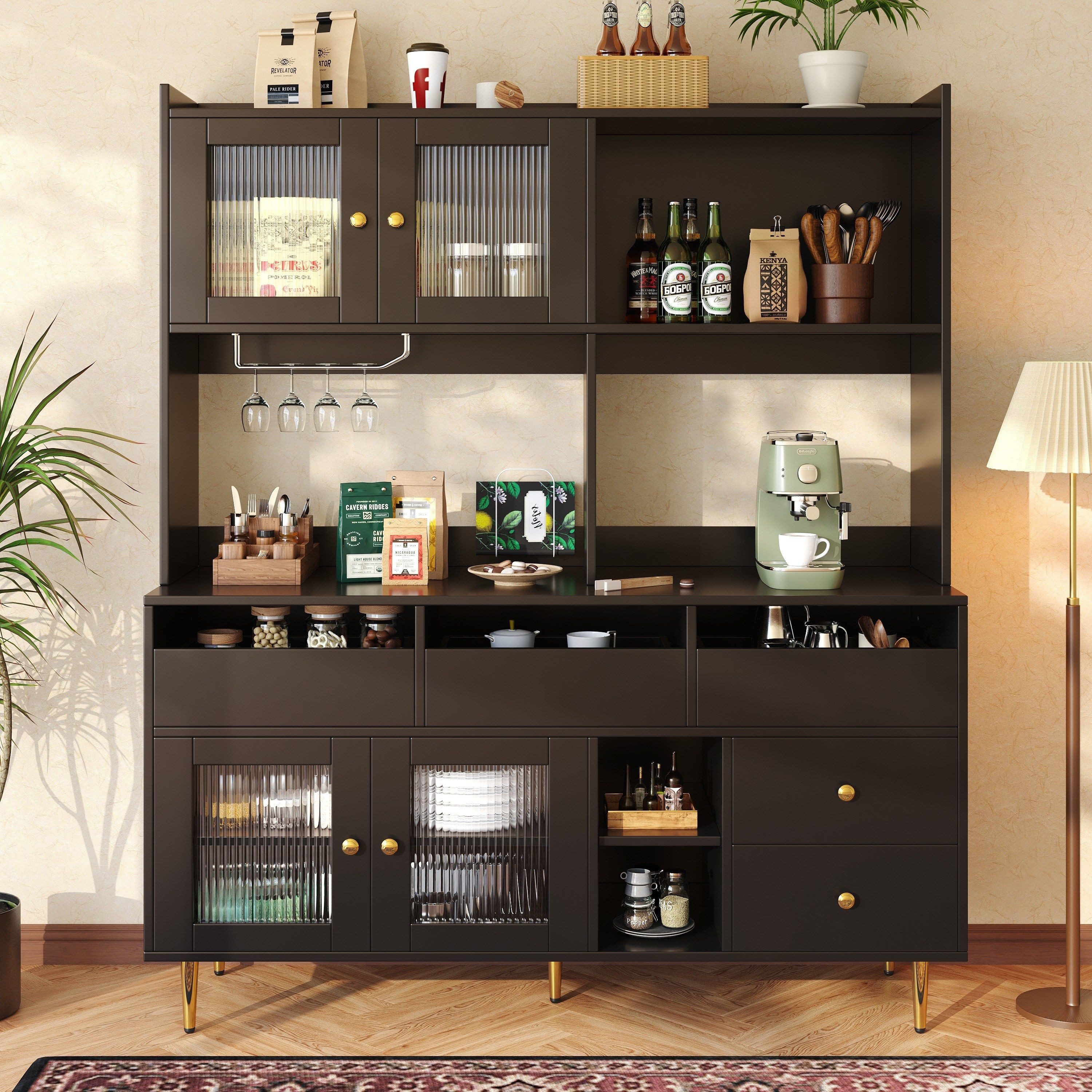 Sideboard Esszimmer-Hochschrank mit Lochglastüren, Weinglasregal, 145x39x171 cm