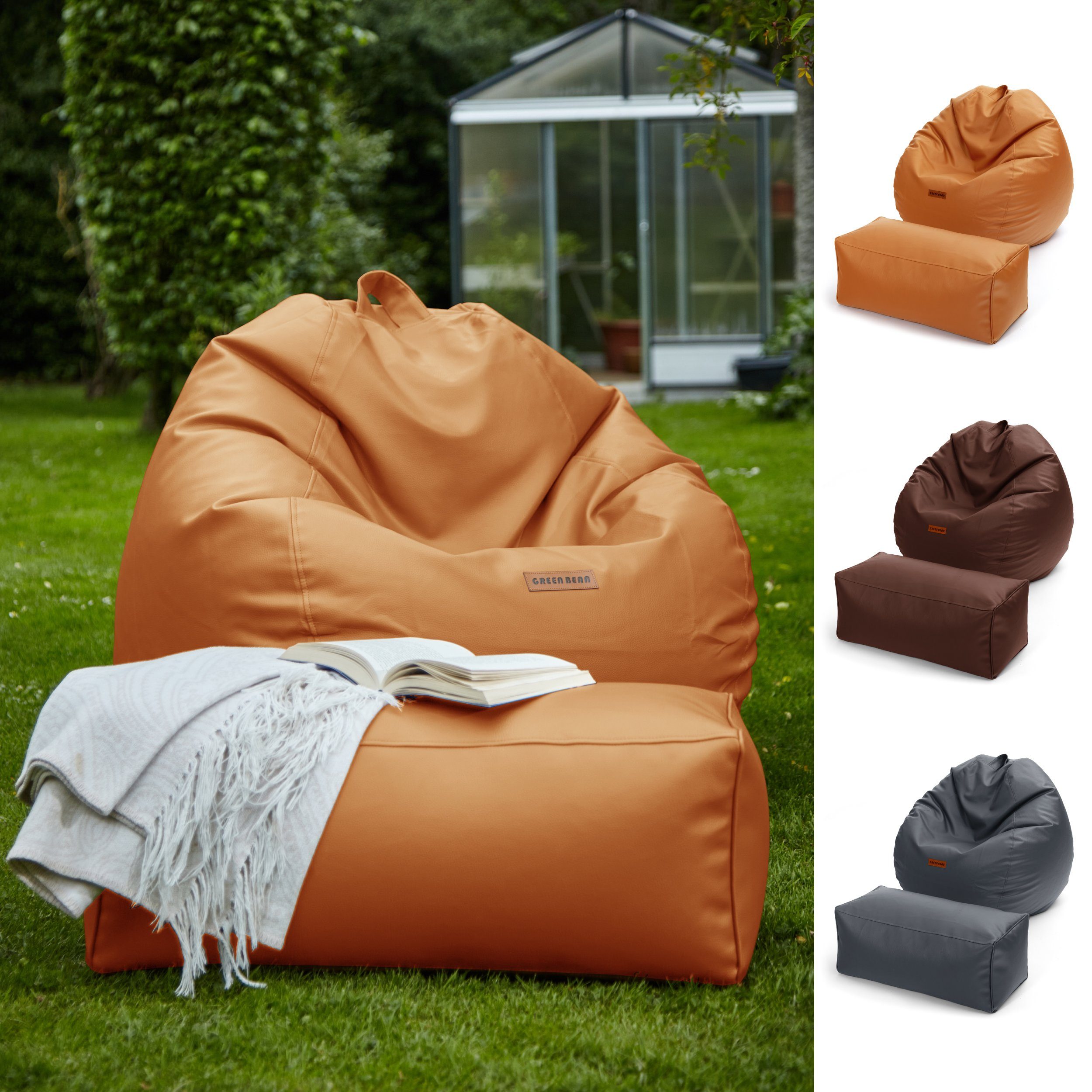 Green Bean Sitzsack XXL + Pouf als Set aus Kunstleder (Indoor / Outdoor, 3x Farben und verschiedene Kombinationen), Couch Kissen Riesensitzsack Lounge Chair Gamingstuhl Hocker Fußschemel