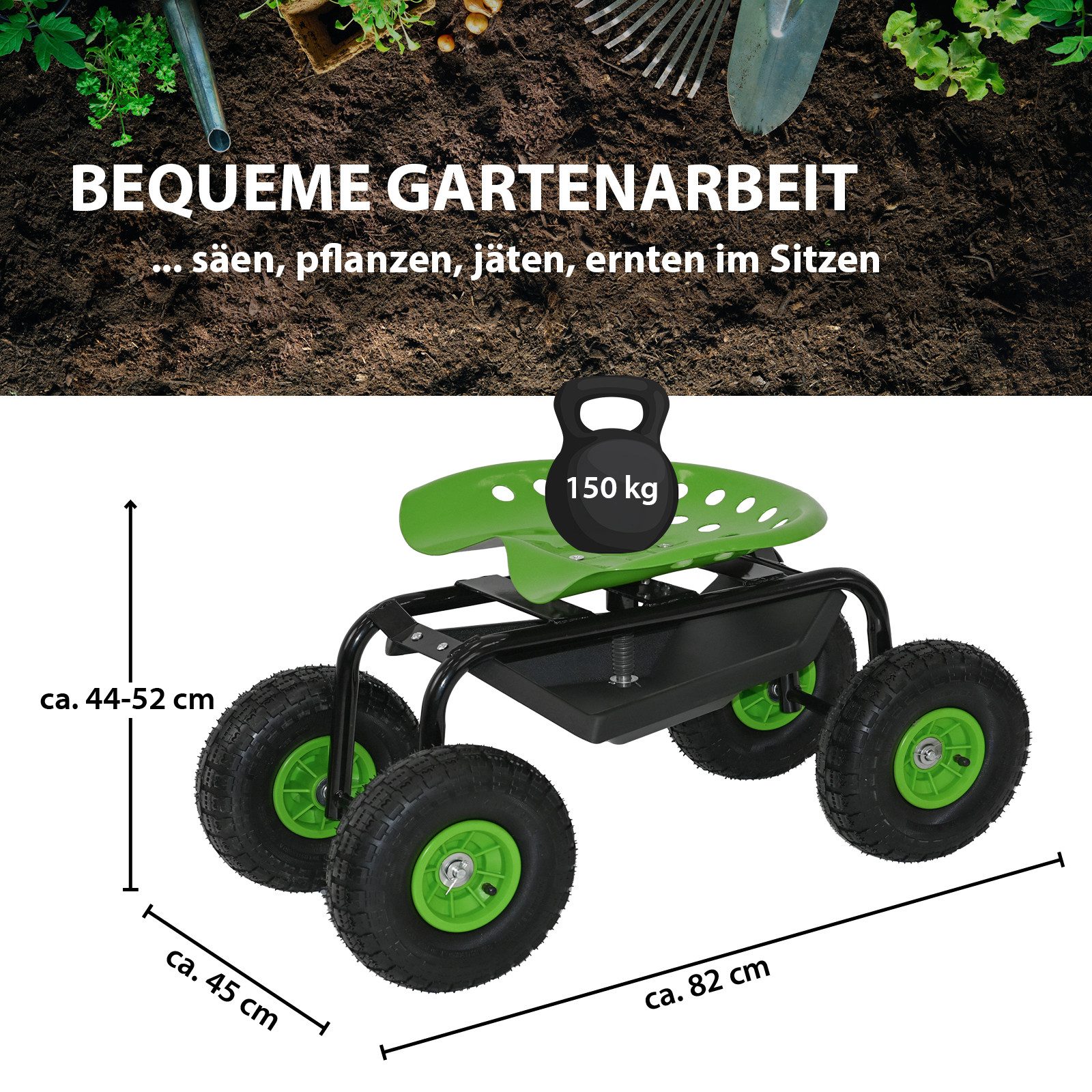 TRUTZHOLM Rollsitz Gartenscooter mit Ablage Stahl 150 kg Sitzhöhe 44-52 cm Schwarz-grün, Sitz 360° drehbar, höhenverstellbarer Sitz,Lufträder
