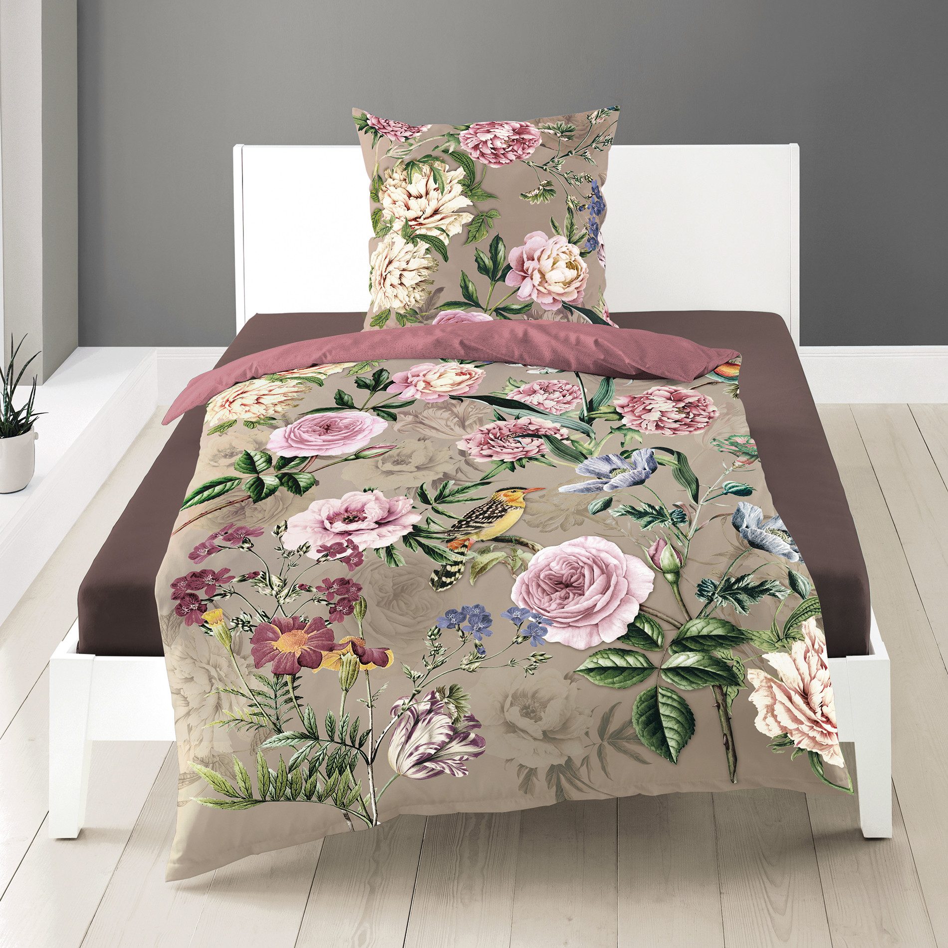 JACK Bettwäsche 135x200cm, Blumenparadies Taupe Rosa, Mako-Satin, 2 teilig, günstig online kaufen