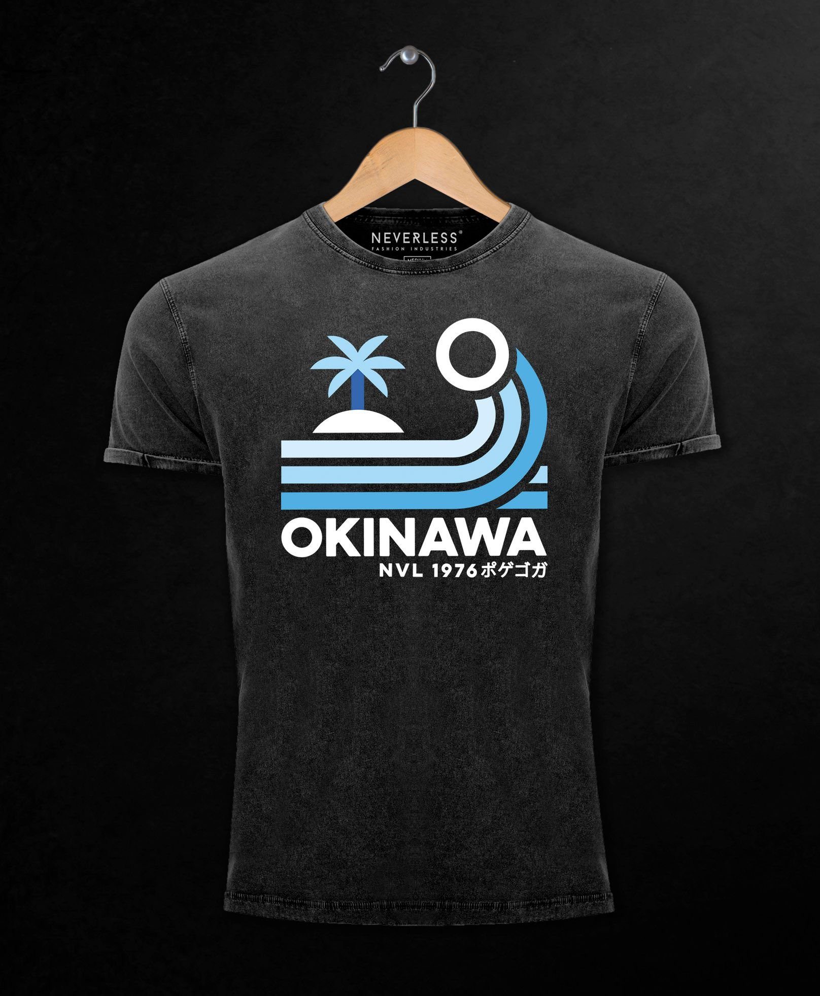 Printshirt Retro Okinawa Print-Shirt Aufdruck Vintage Print ShirtJapan T-Shirt Look Neverless mit Schriftzug Neverless® Used Welle Herren Palme
