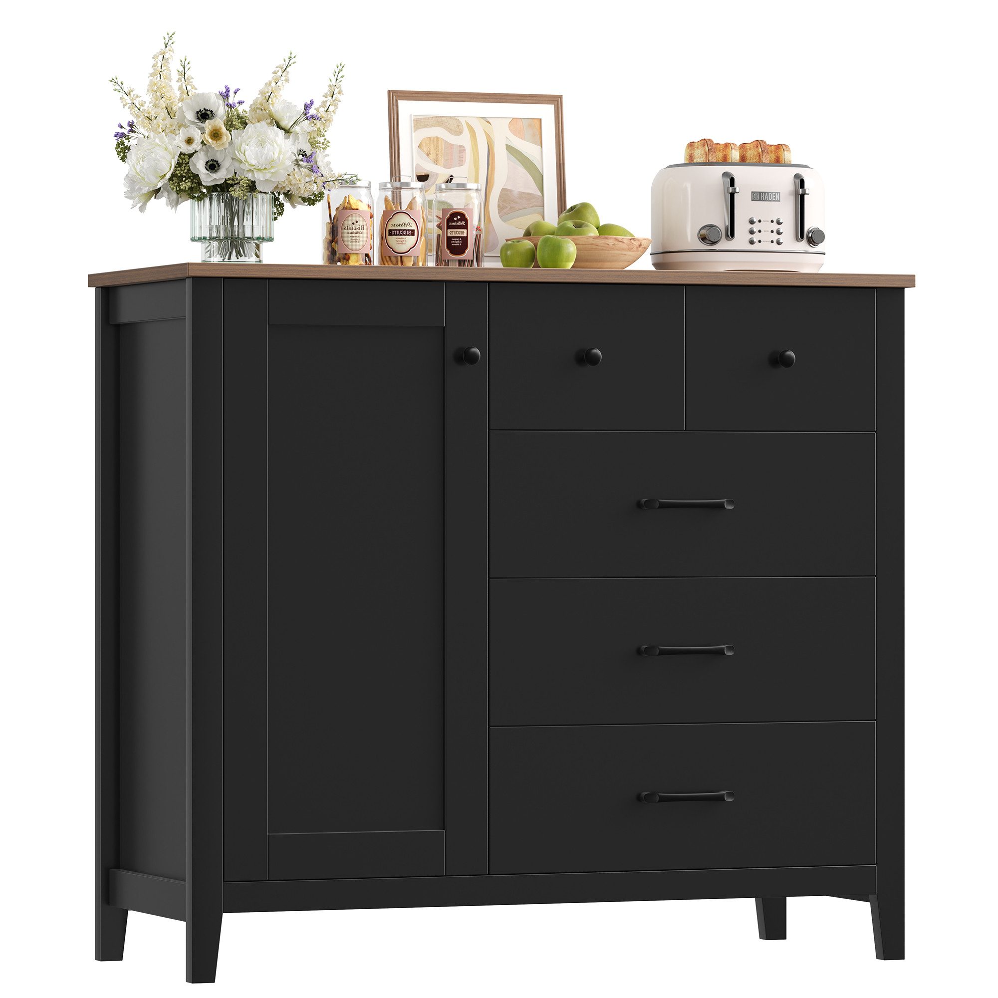 HOMECHO Buffet Sideboard, Küchenschrank mit 5 Schubladen und 1 Tür