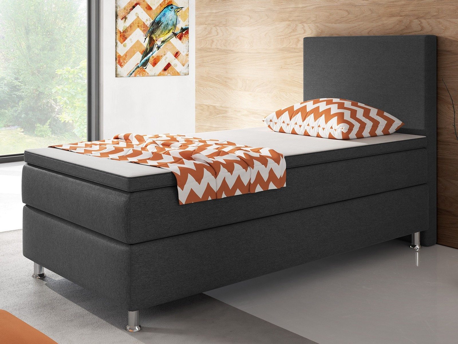 Homeline Boxspringbett Boxspringbett 90x200 cm Schwarz Anthrazit Einzelbett Schlafzimmer (Spar-Set, Set-Angebot), 5 Gang Bonell-Federkern-Matratze
