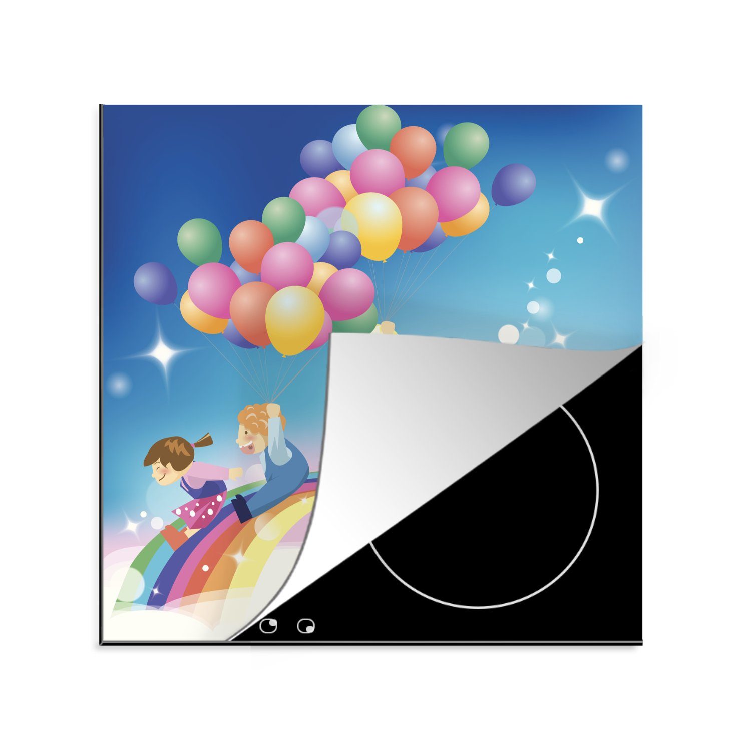 für Vinyl, Eine tlg), Luftballons mit Arbeitsplatte cm, Ceranfeldabdeckung, (1 Illustration 78x78 küche eines in MuchoWow Regenbogenfarben, Mädchens Herdblende-/Abdeckplatte
