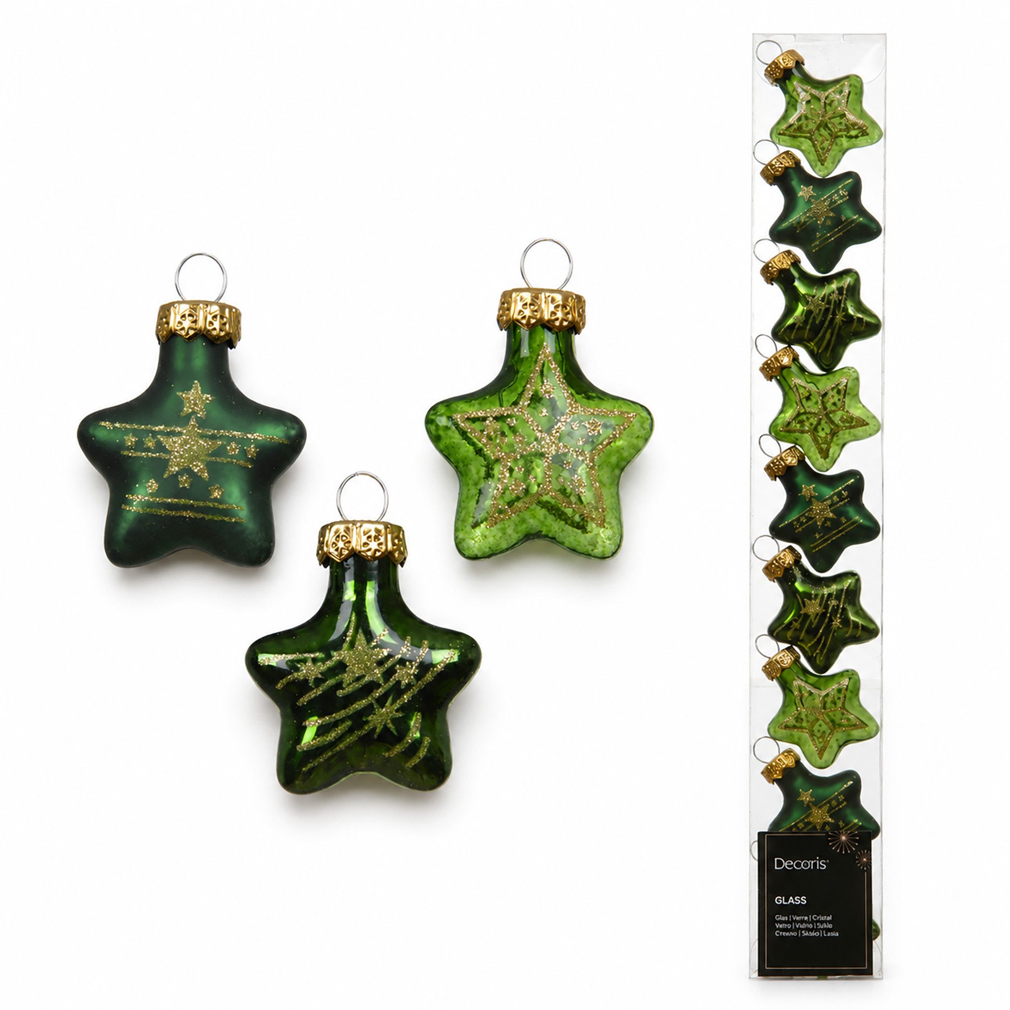 Kaemingk Weihnachtsbaumkugel, Christbaumschmuck Sterne Mix 3cm Glas 9er Set - Piniengrün