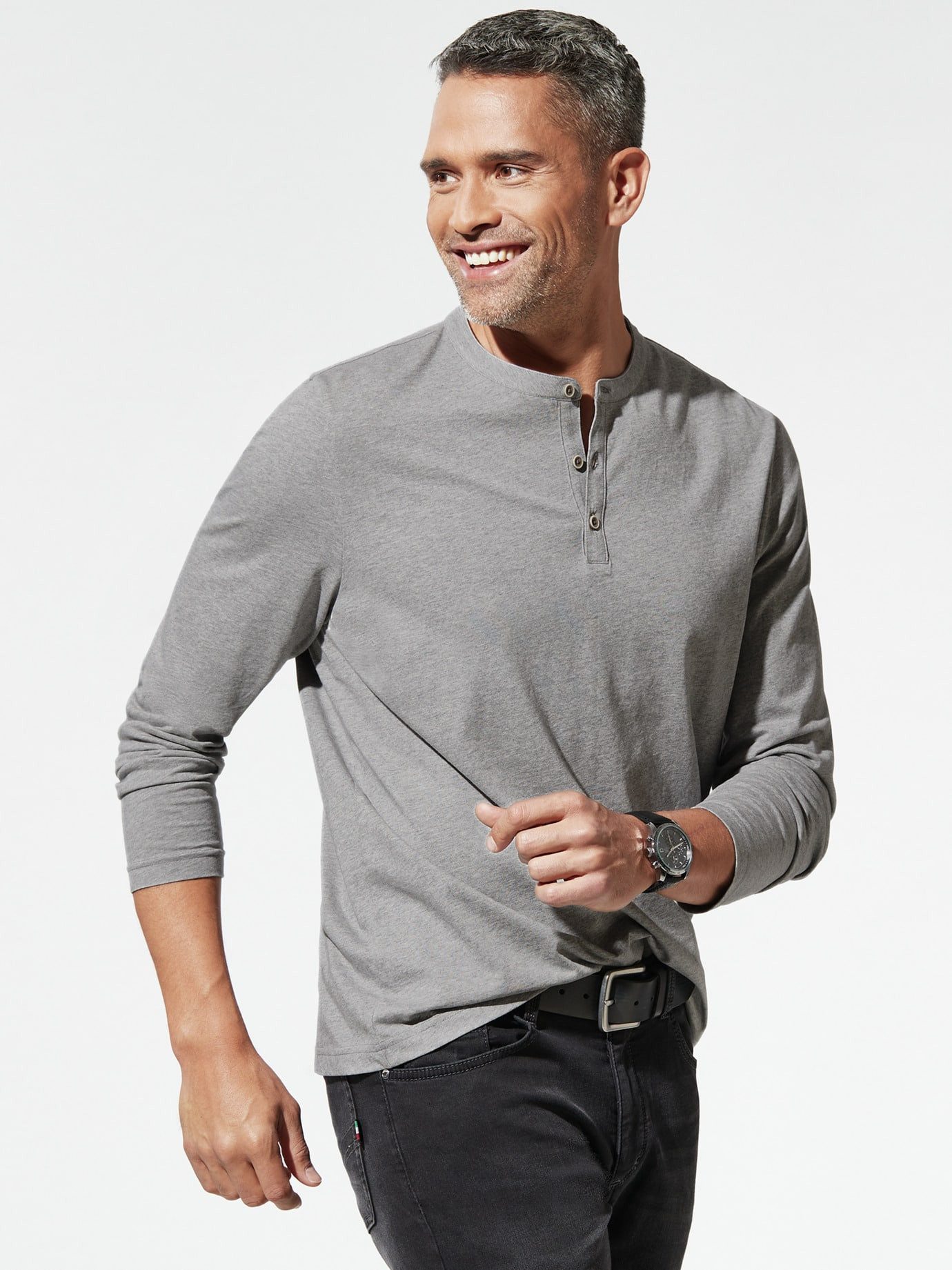 Walbusch Langarmshirt Herren Henley-Shirt Langarmshirt mit Serafino-Ausschnitt Baumwolle Pflegeleichtes Jersey-Shirt, 3-Knopf-Leiste, waschmaschinenfest