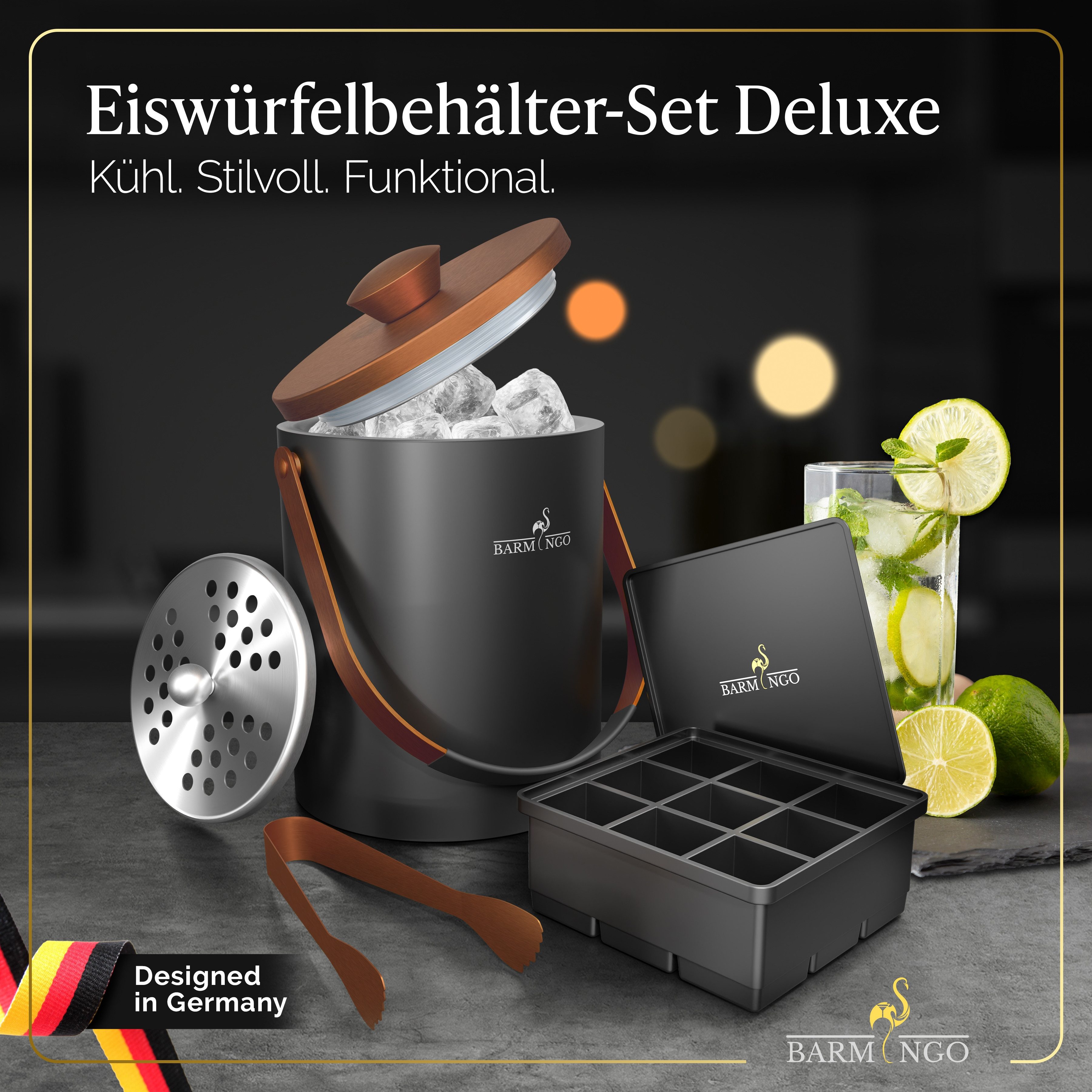 BARMINGO Eiswürfelbehälter mit Deckel (2 Liter), Edelstahl Eiskübel, (Eisbehälter Set, 3-tlg., mit Sieb, XXL Silikon Eiswürfelform & Zange), Eiseimer doppelwandig, isoliert, BPA-frei, Silikondeckel