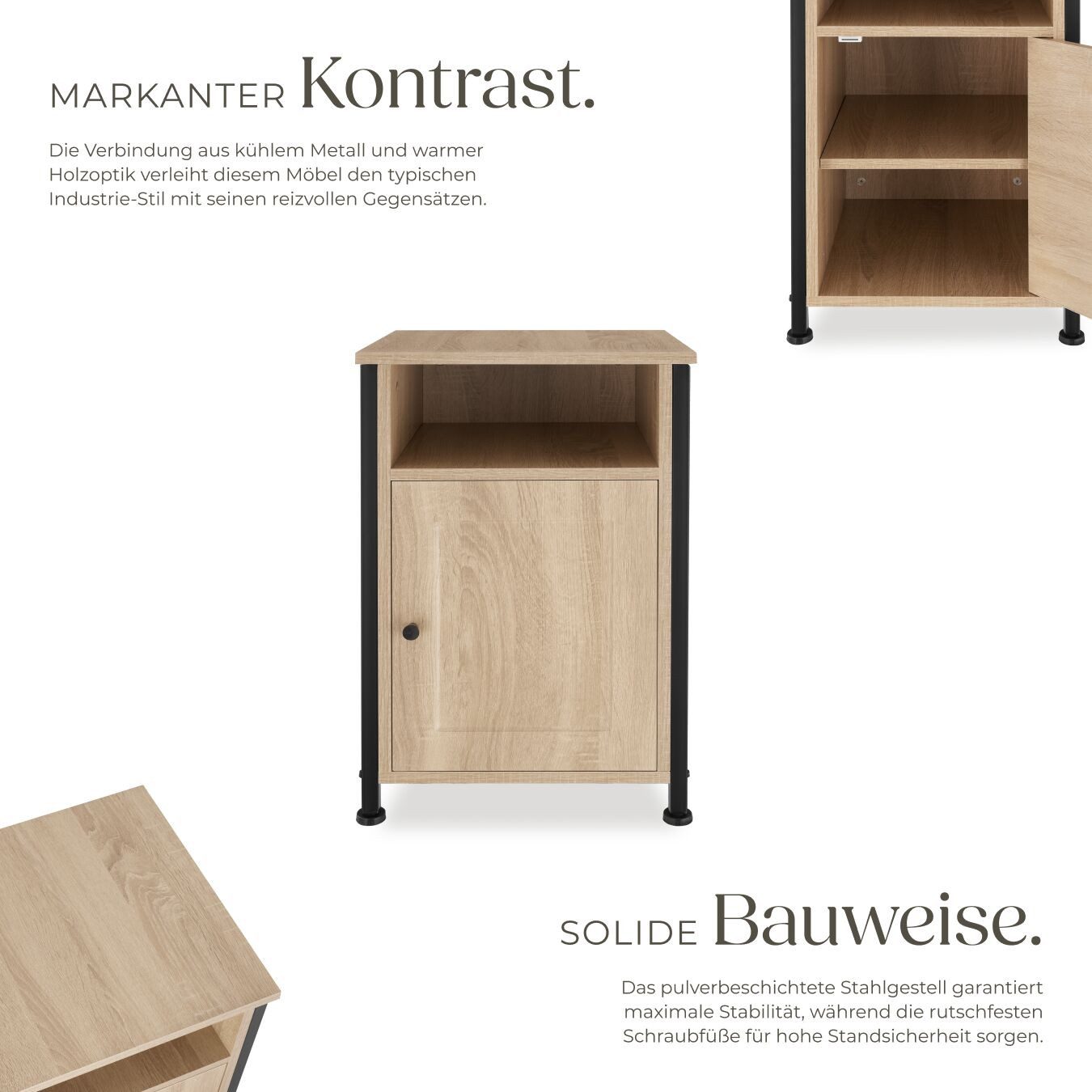 tectake Nachttisch Couchtisch mit höhenverstellbaren Kunststofffüßen, 40 x 42 x 60,5 cm (Beistelltisch Blackburn, 1-St., in Industrial Holz hell, Eiche Sonoma), Ablage, offenes Staufach, Staufach mit Magnettür und Einlegeboden