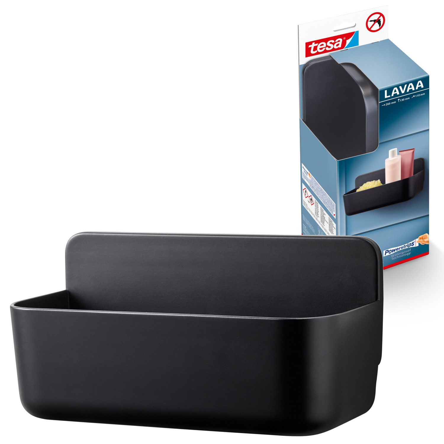 tesa Duschablage LAVAA Duschkorb mittel inkl. tesa Powerstrips Waterproof Strips XL, Packung 1-tlg., Ablagekorb ohne Bohren, Duschregal L